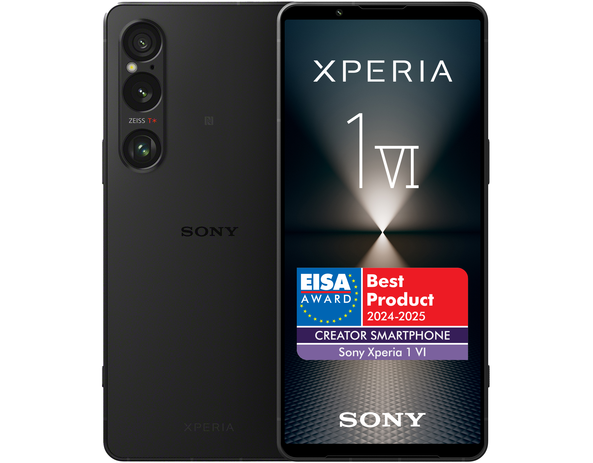 Czarny smartfon z potrójnym aparatem i czerwoną naklejką z nagrodą.