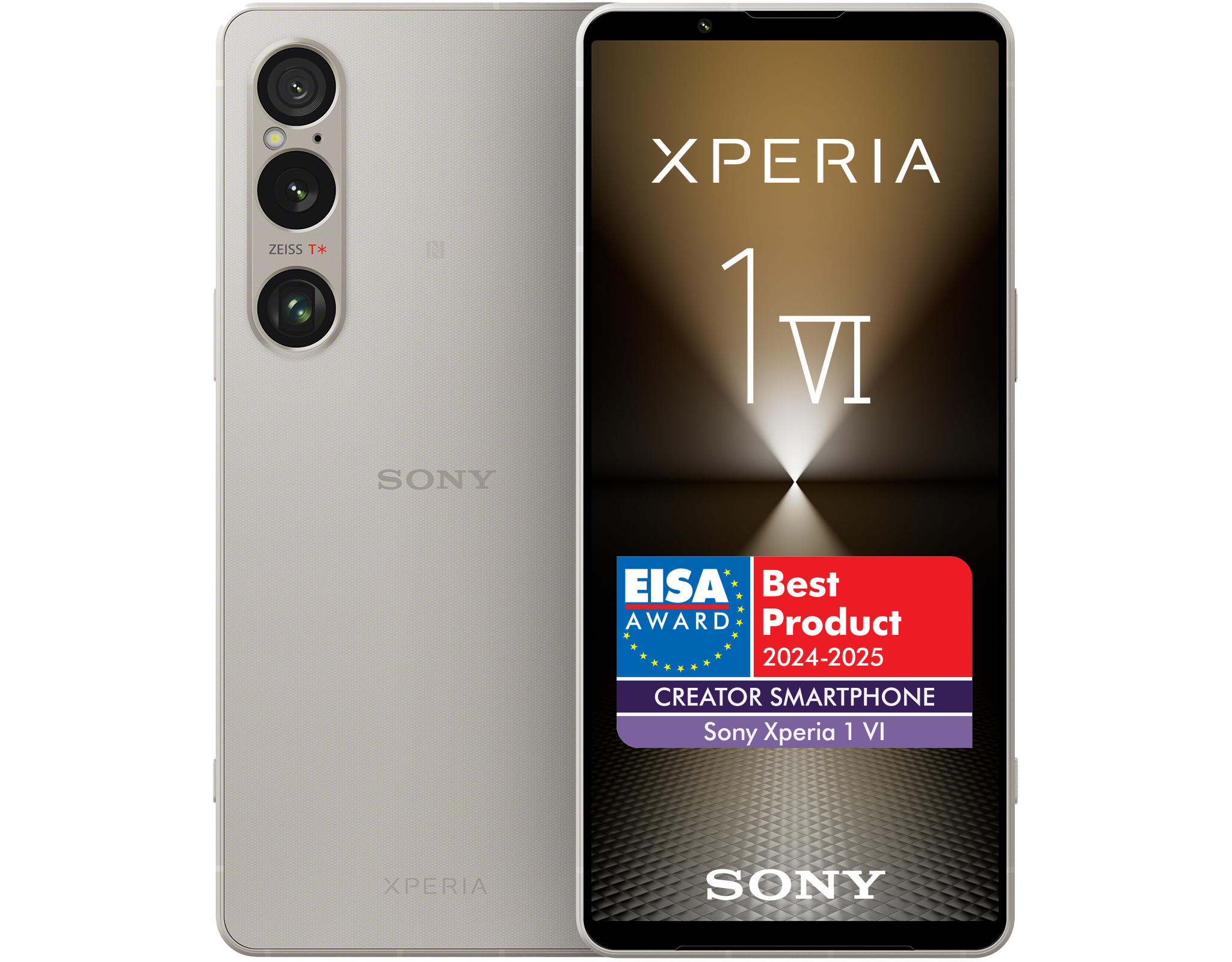 Biały i srebrny telefon Sony Xperia, wyświetlający ekran z naklejką „Najlepszy produkt”.