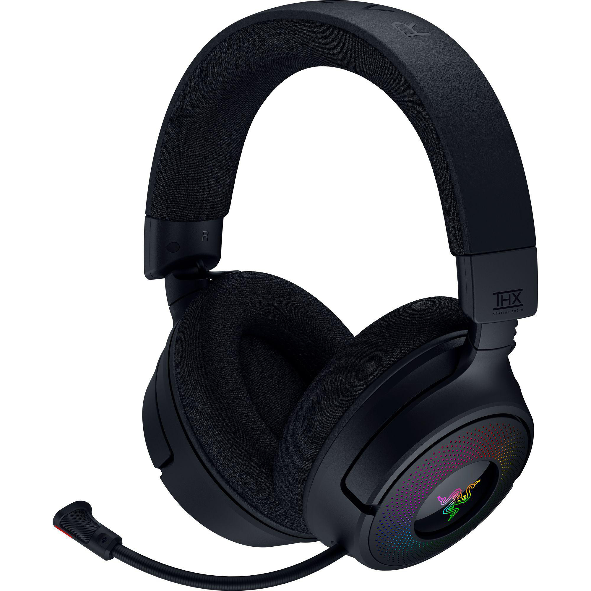 Schwarzes Razer-Gaming-Headset mit Mikrofon und farbenfrohem Licht auf der Ohrmuschel.