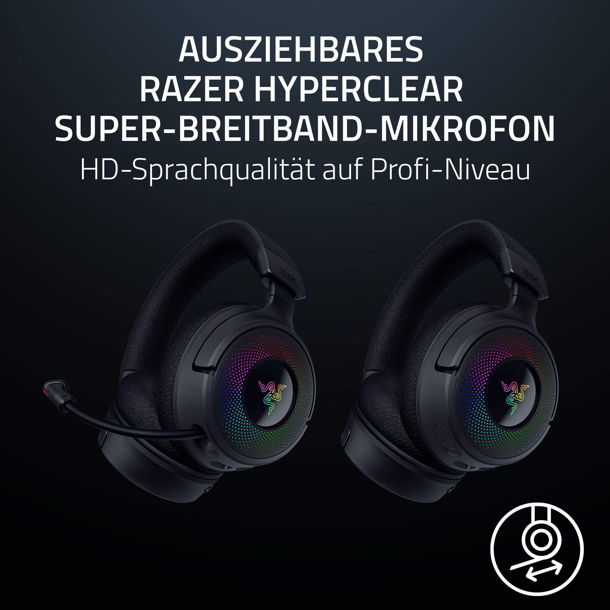 Zwei schwarze Gaming-Headsets mit leuchtenden RGB-Lichtern, vor dunklem Hintergrund.
