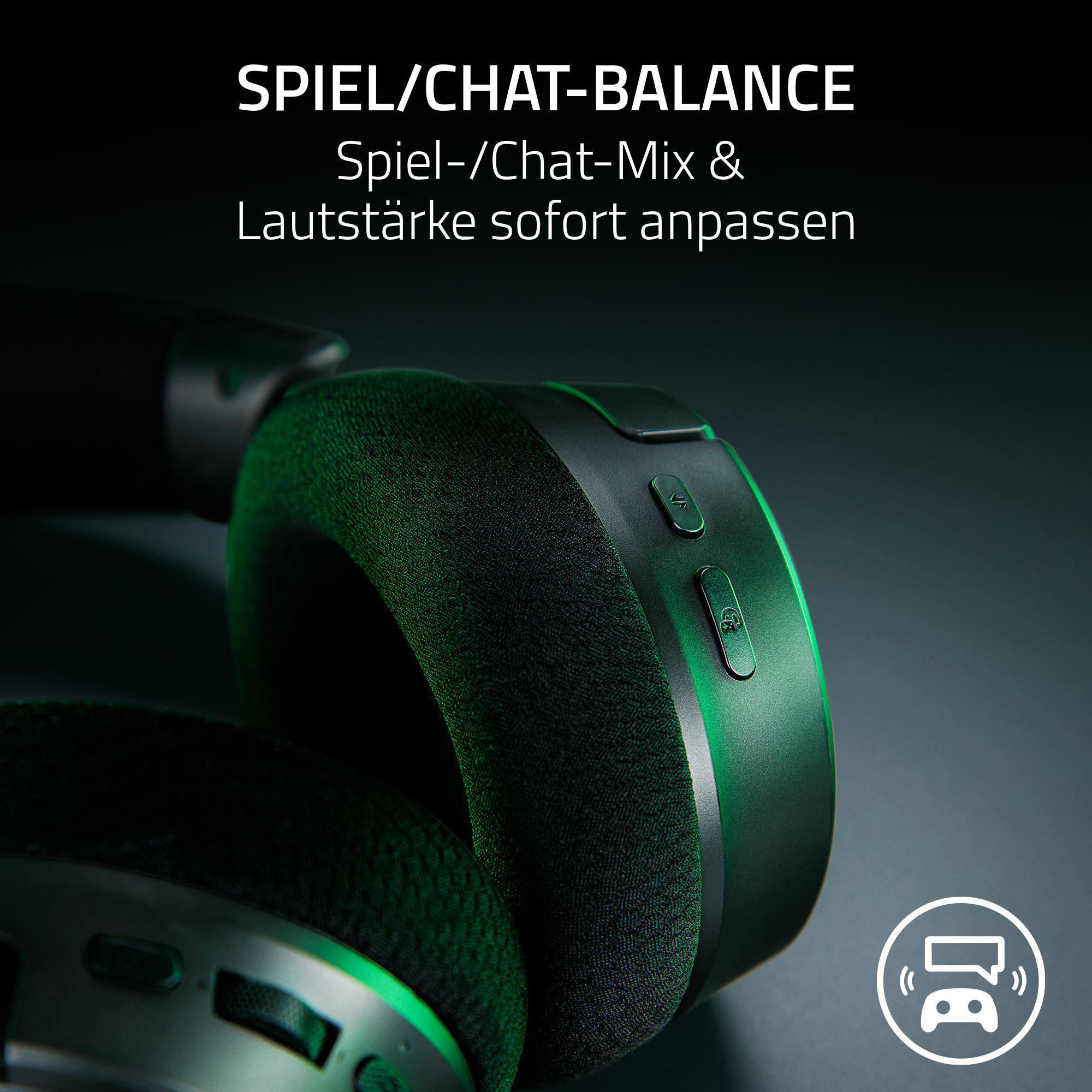 Headset mit Knöpfen, grün beleuchtet, mit Text über Spiel-/Chat-Balance.