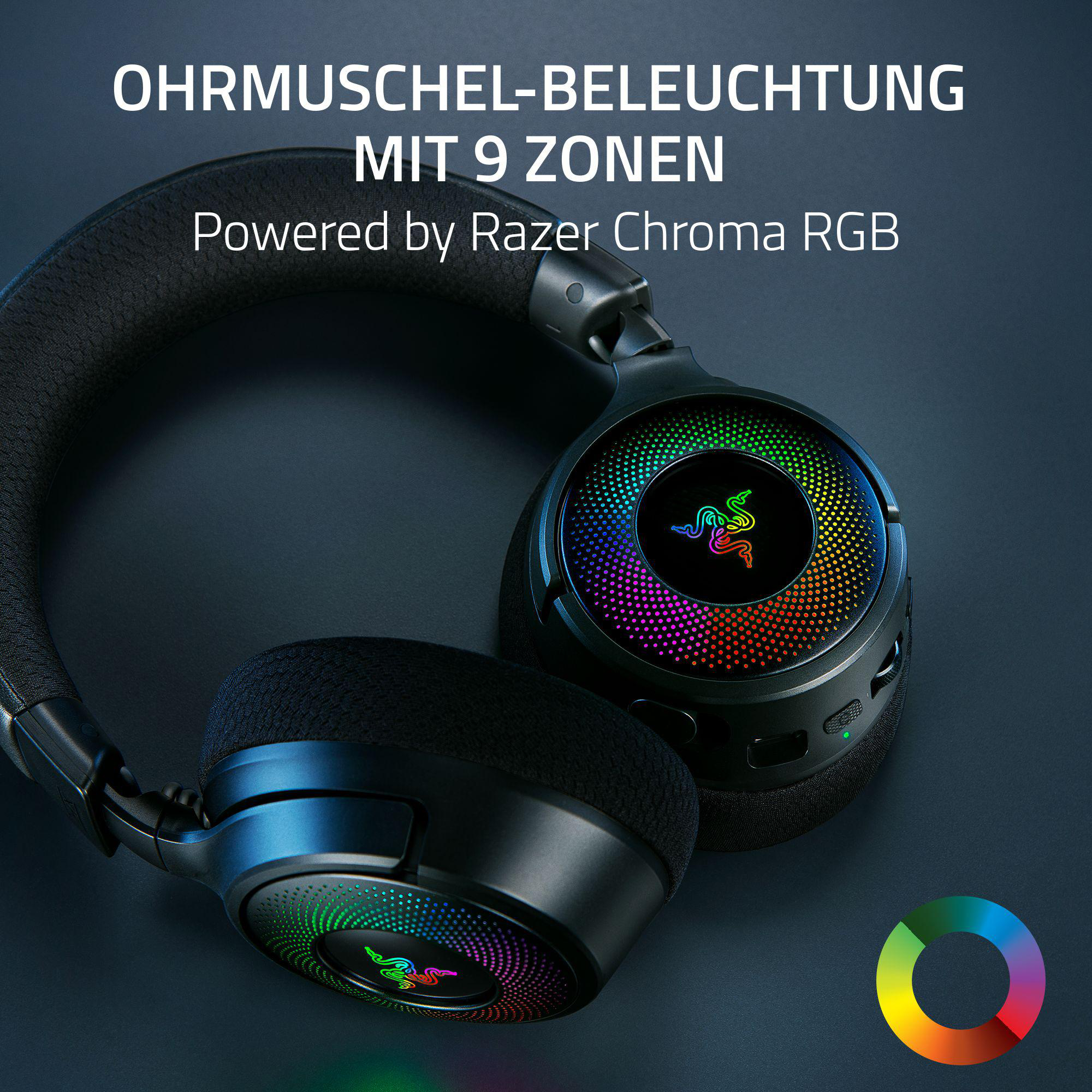Schwarz-graue Kopfhörer mit RGB-Beleuchtung, Razer-Logo und farbigem Kreis, dunkler Hintergrund.