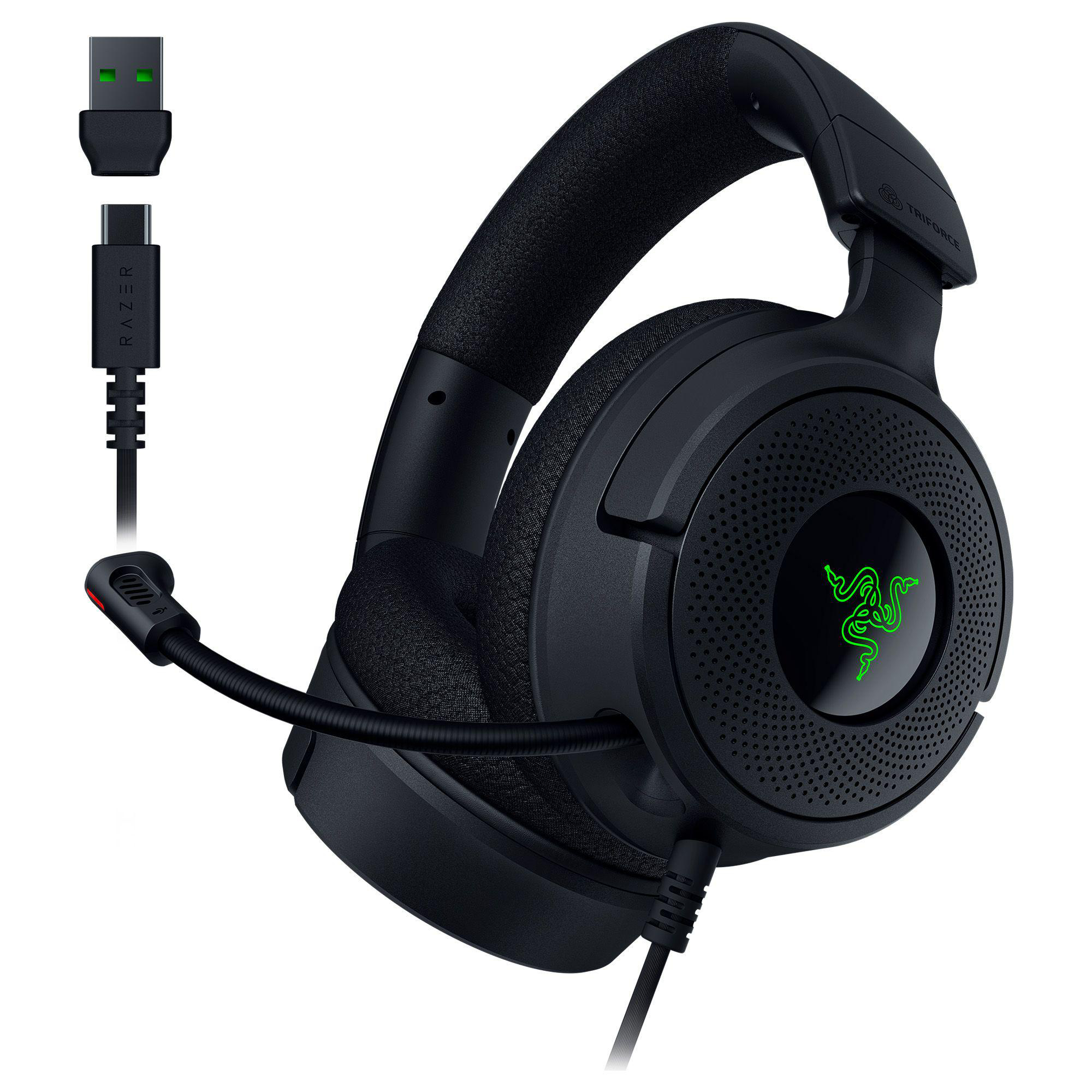 Schwarzes Razer Gaming-Headset mit Mikrofon, USB- und USB-C-Kabel.
