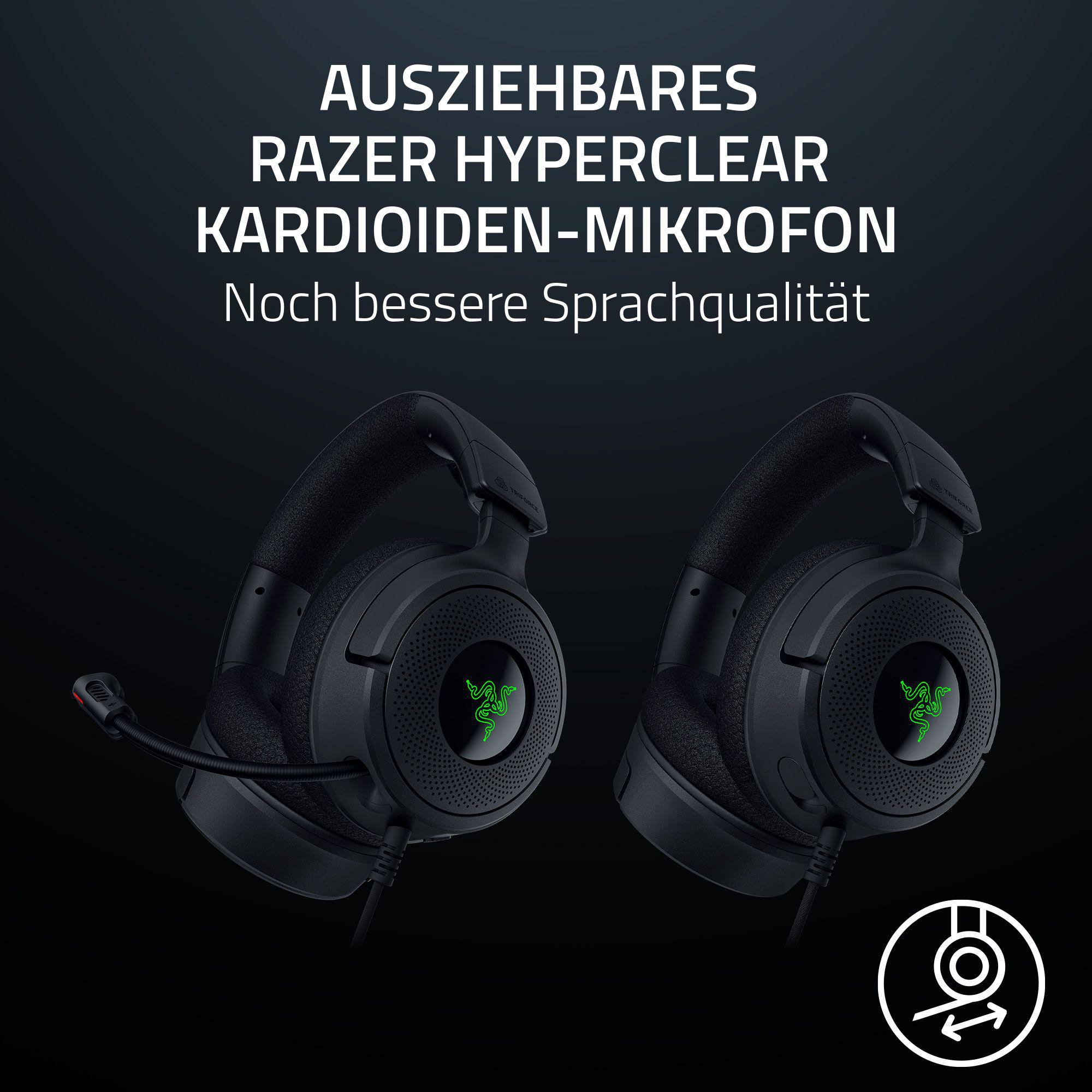 Schwarzes Headset mit Mikrofon, mit Text, der Funktionen beschreibt.