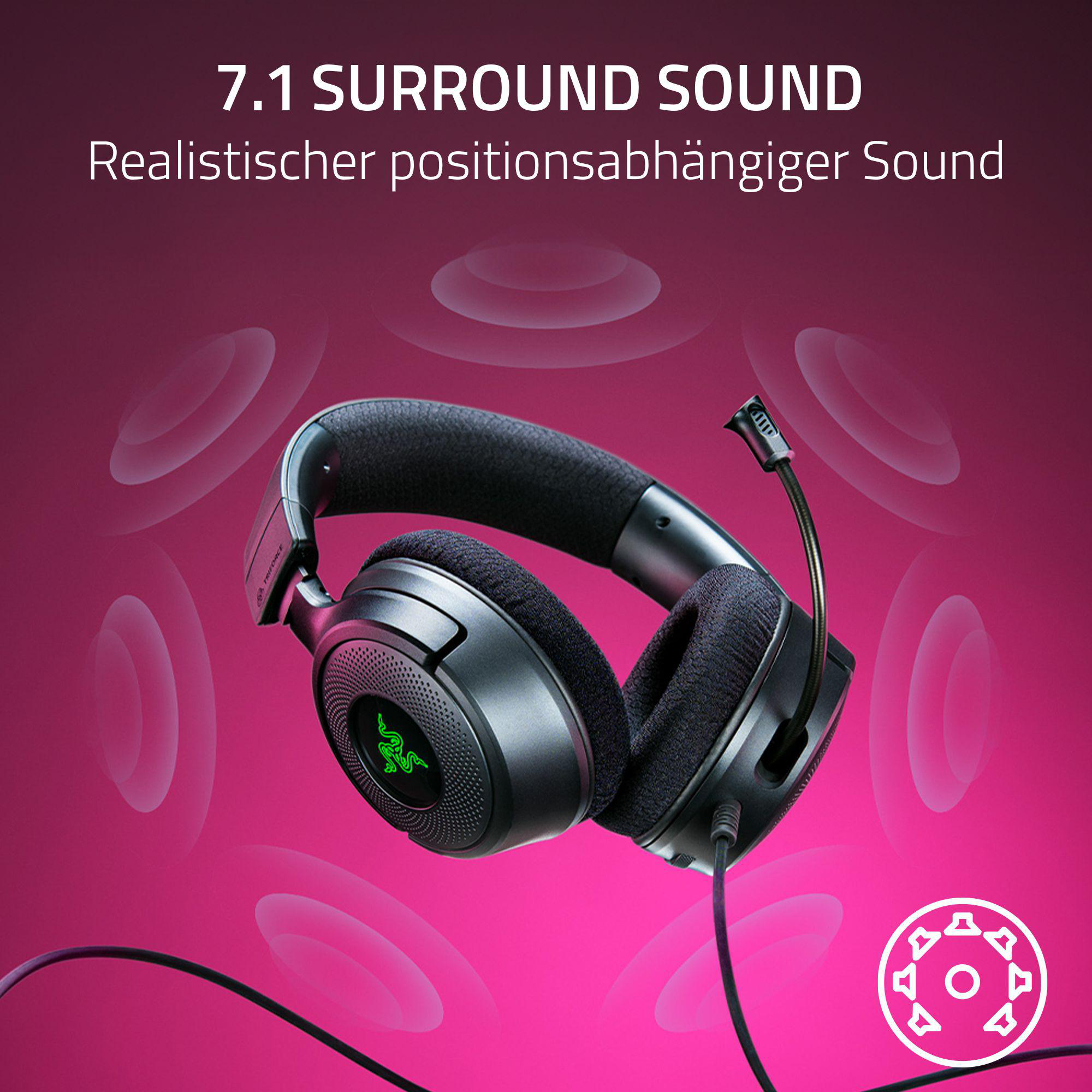 Schwarzes Gaming-Headset mit Mikrofon, Razer-Logo und pinkem Hintergrund mit Schallwellen.