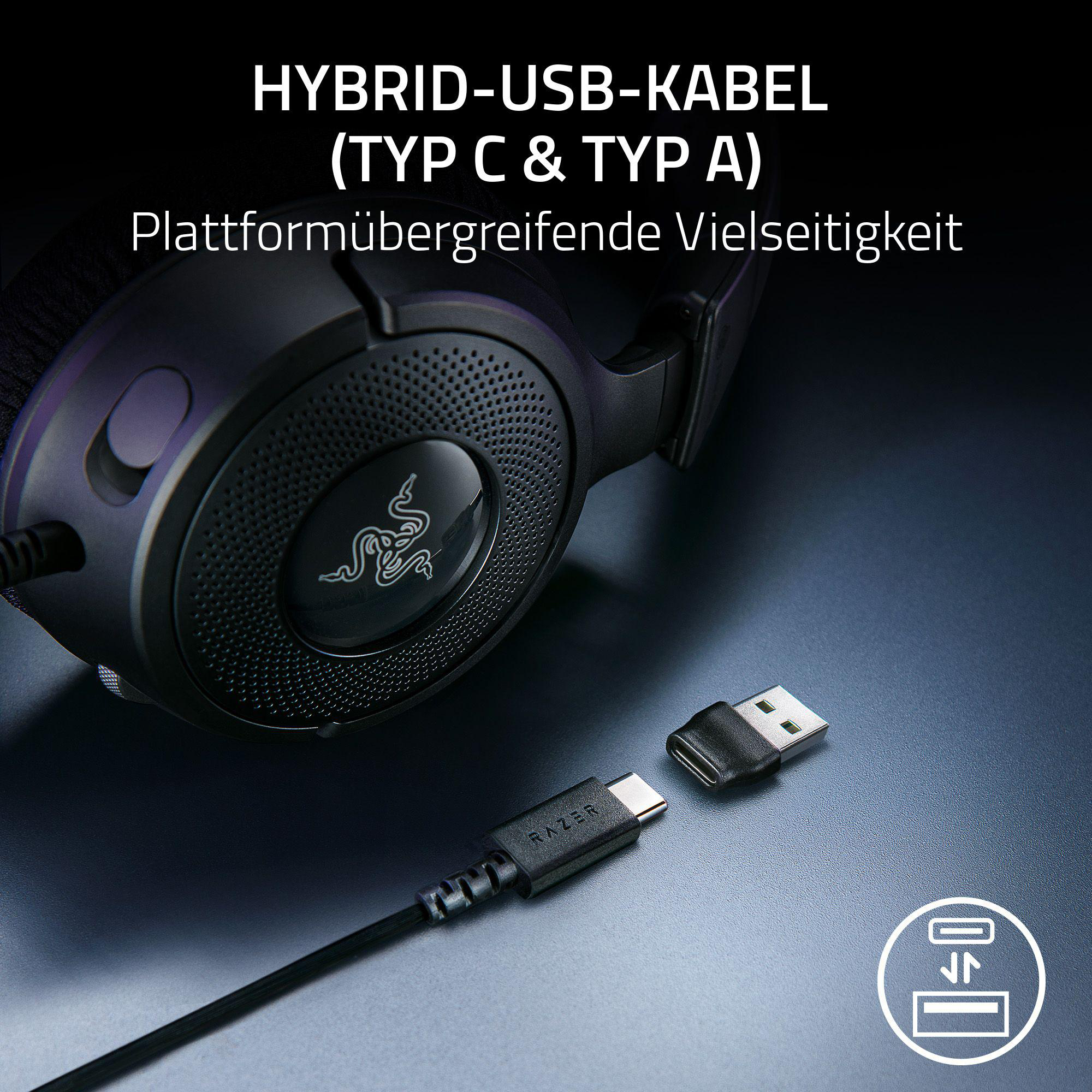Nahaufnahme eines Headsets mit USB-Kabel, mit Text, der darauf hinweist, dass es sich um ein hybrides USB-Kabel (Typ C & A) handelt.