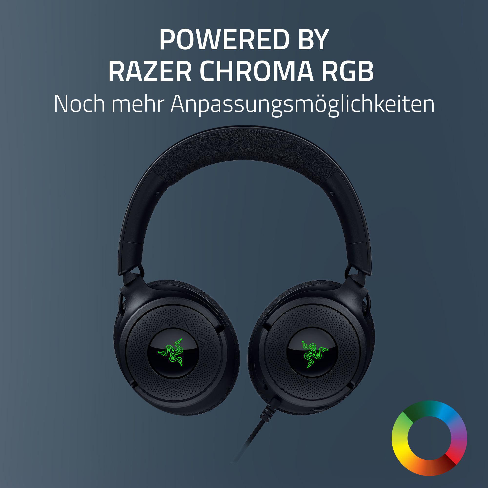 Schwarze Razer-Kopfhörer mit grünen Logos. Text: 'Powered by Razer Chroma RGB'.