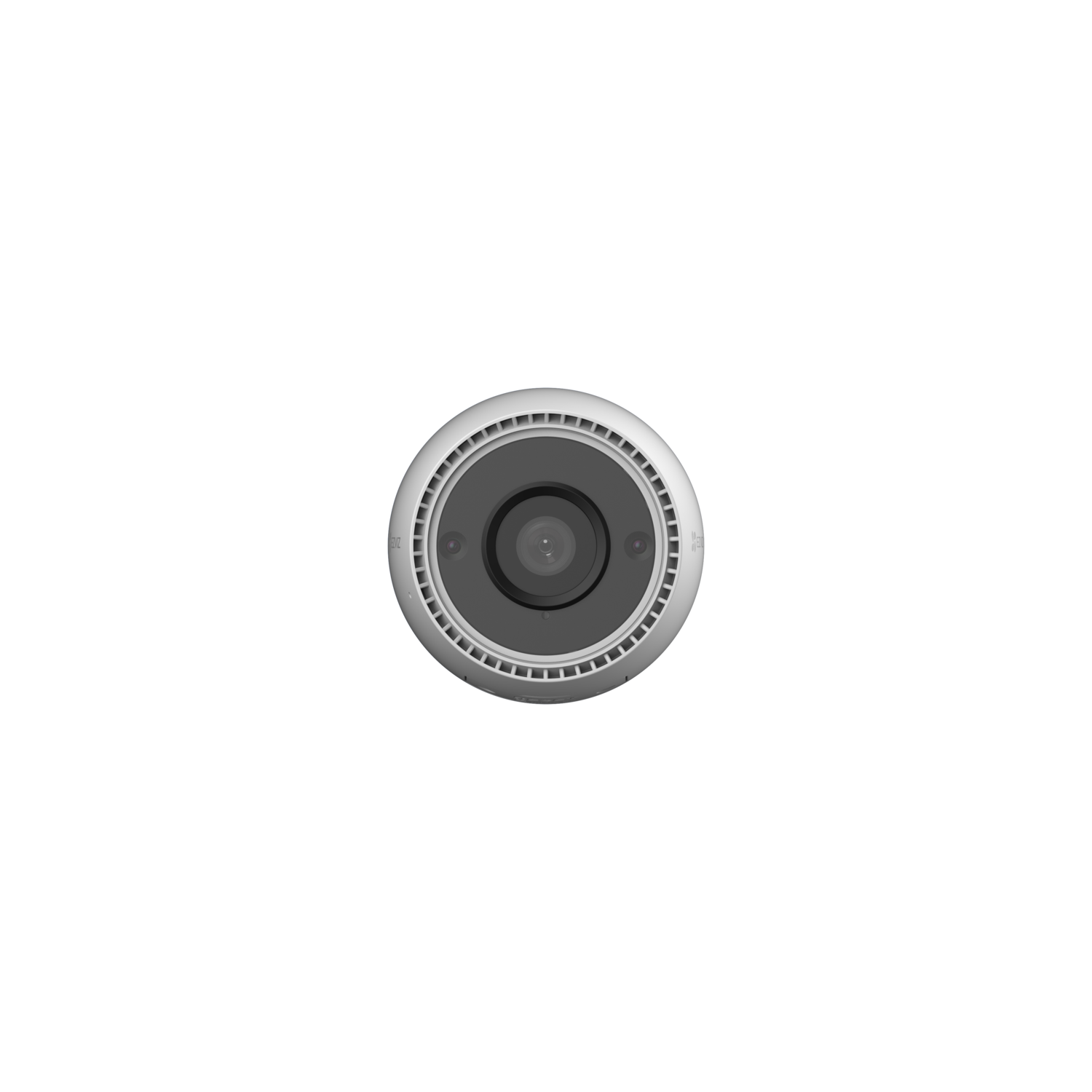 Round camera lens with a silver rim and a black center, against a black background.