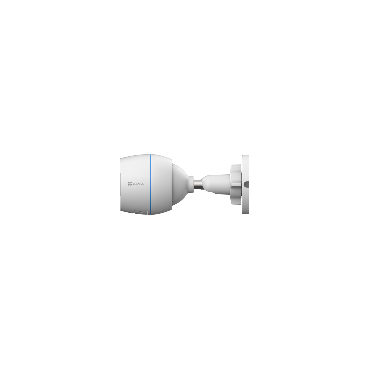 White security camera mounted on a wall, black background.