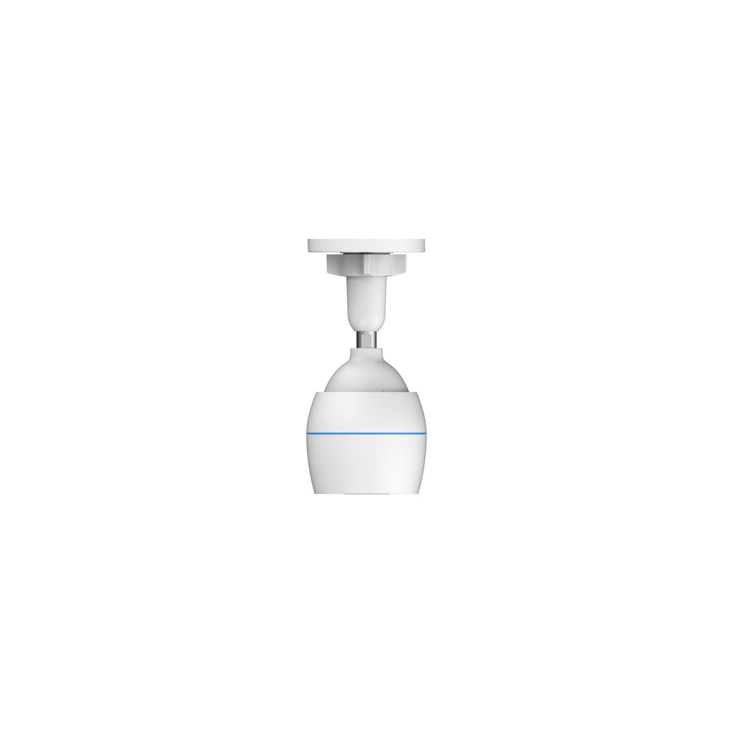 White security camera hanging from a white ceiling mount, against a black background.