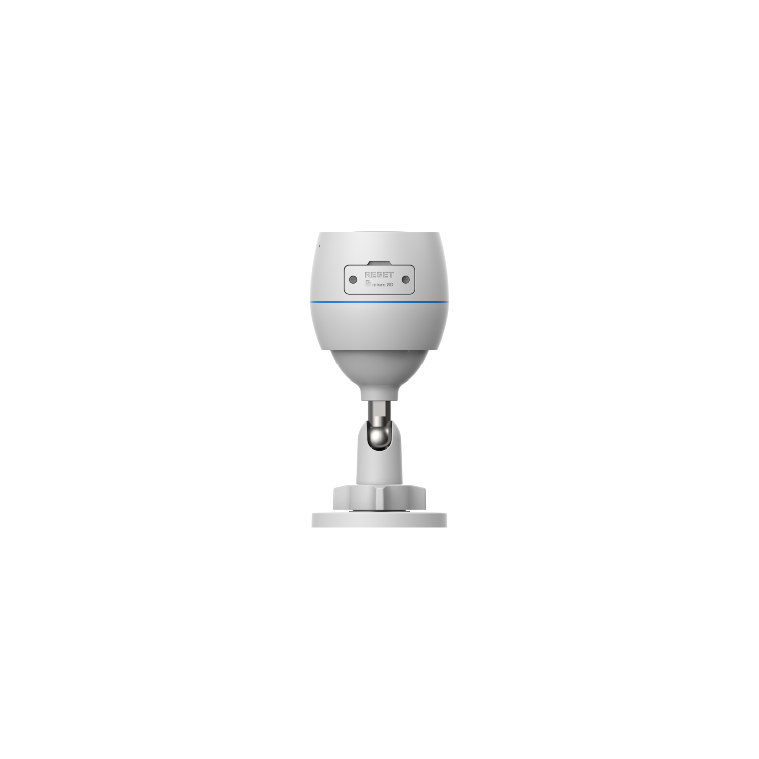 White security camera on a stand, with a reset button and blue line.