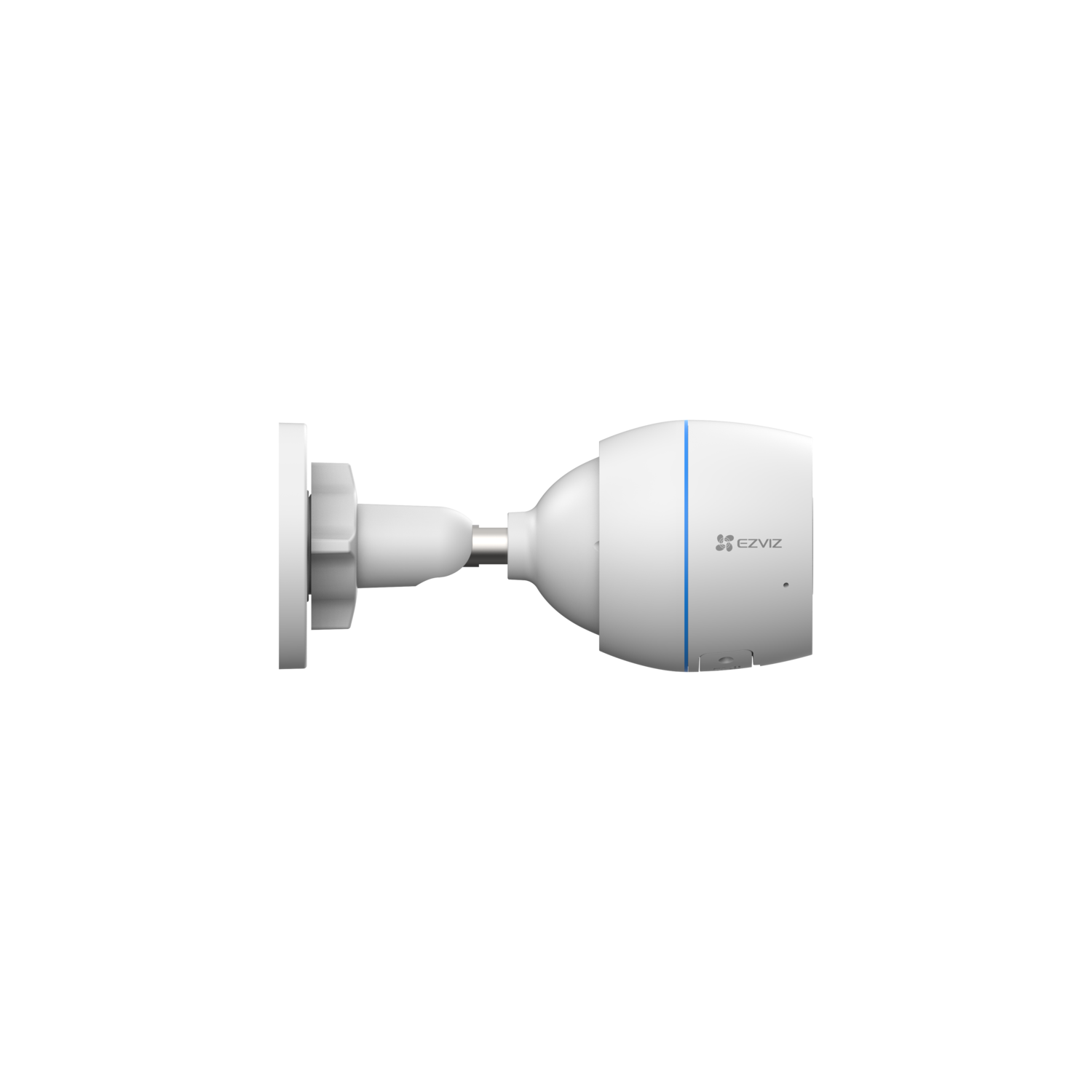 White security camera mounted on a wall. The camera is cylindrical.