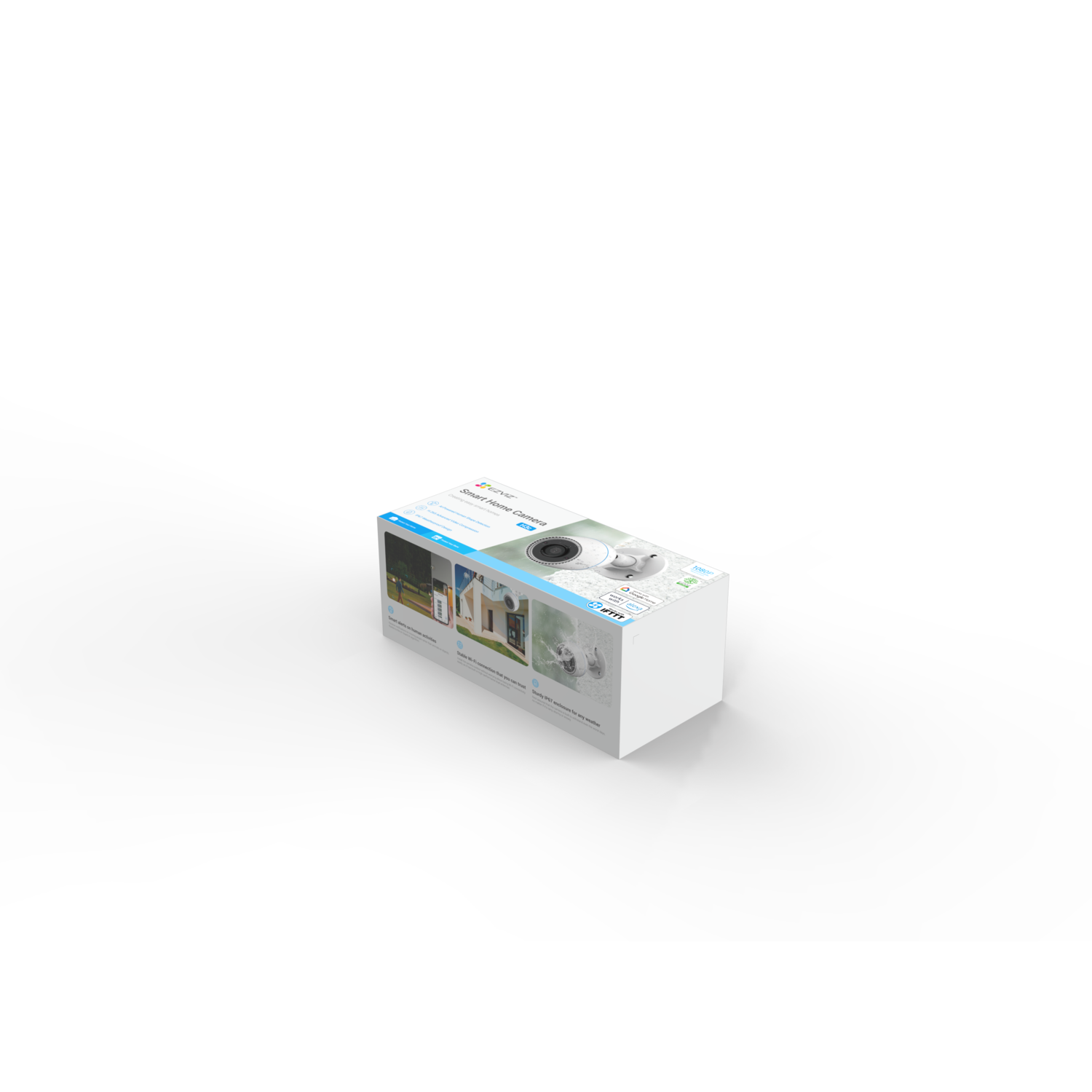White box with images of a camera with a house, showing a potential setup.
