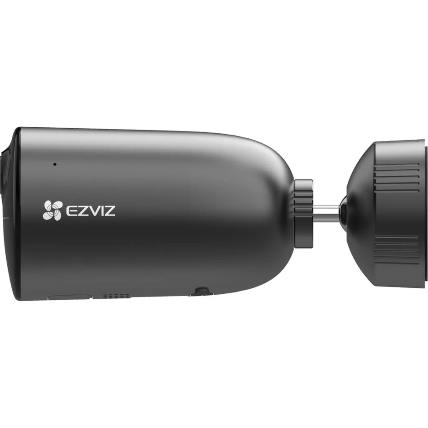 Black EZVIZ security camera, cylindrical shape, mounted on a white wall.
