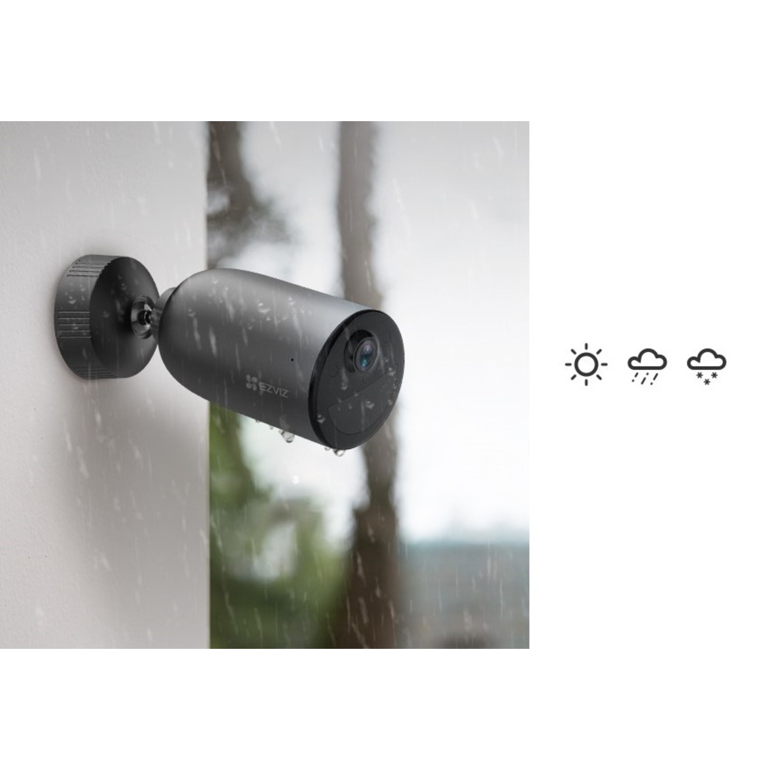 Black security camera on a wall. Rain is falling. Icons for sun, rain, and snow.