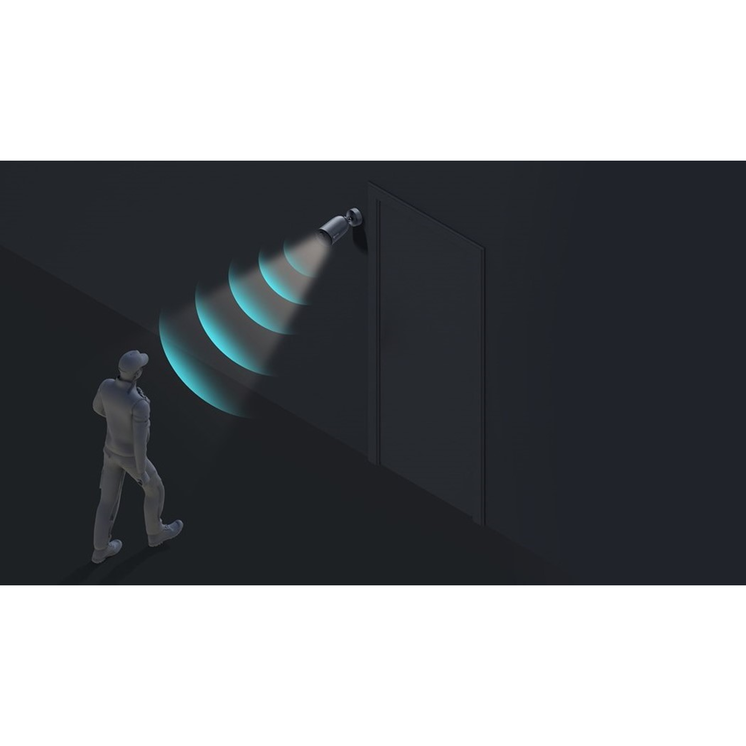 A person walking toward a door. A security sensor is mounted on the wall emitting blue waves.