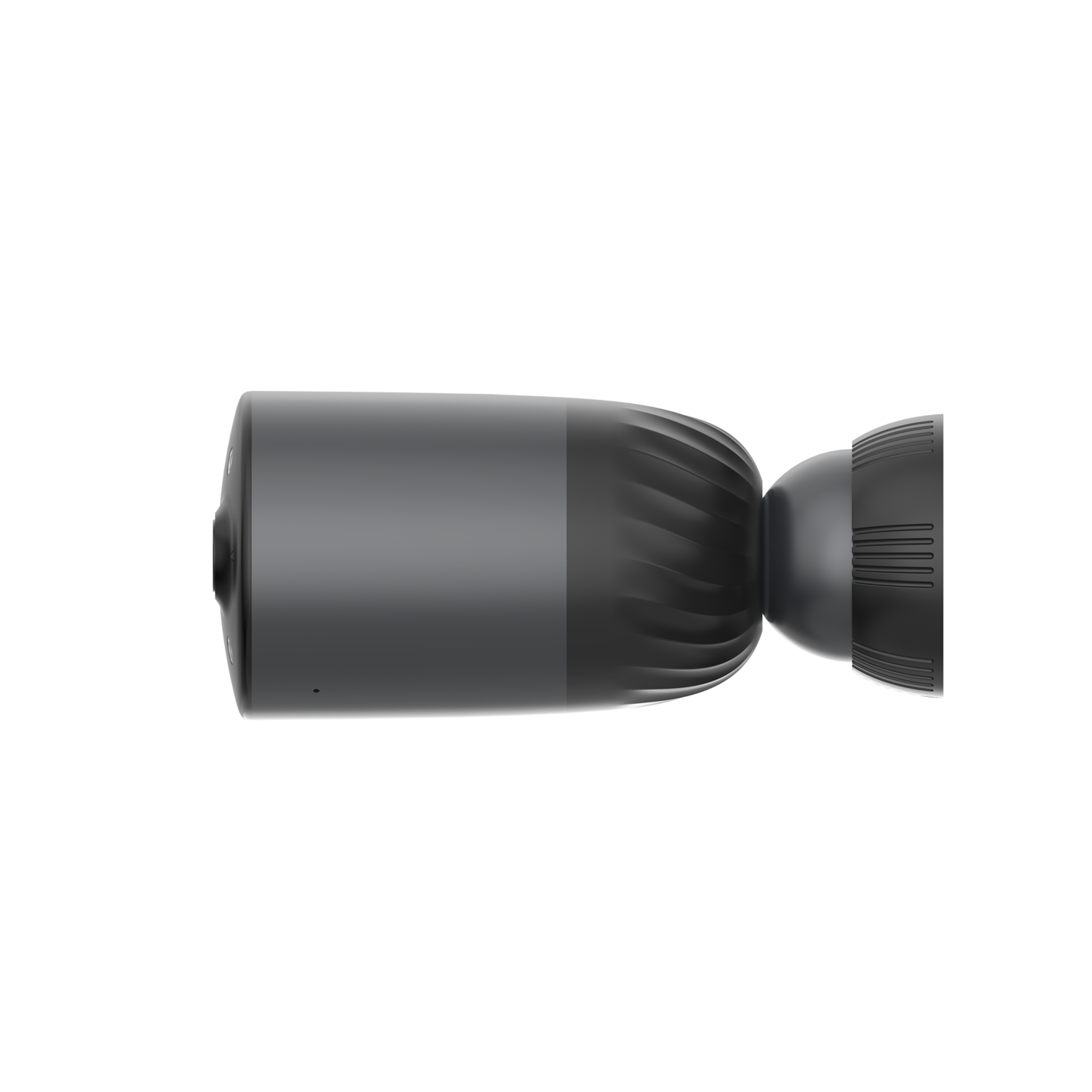 Gray security camera with a dark body on a white background.