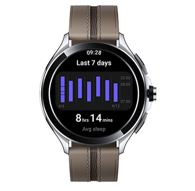 Smartwatch pokazujący dane dotyczące snu w niebieskich słupkach, z brązowym paskiem.