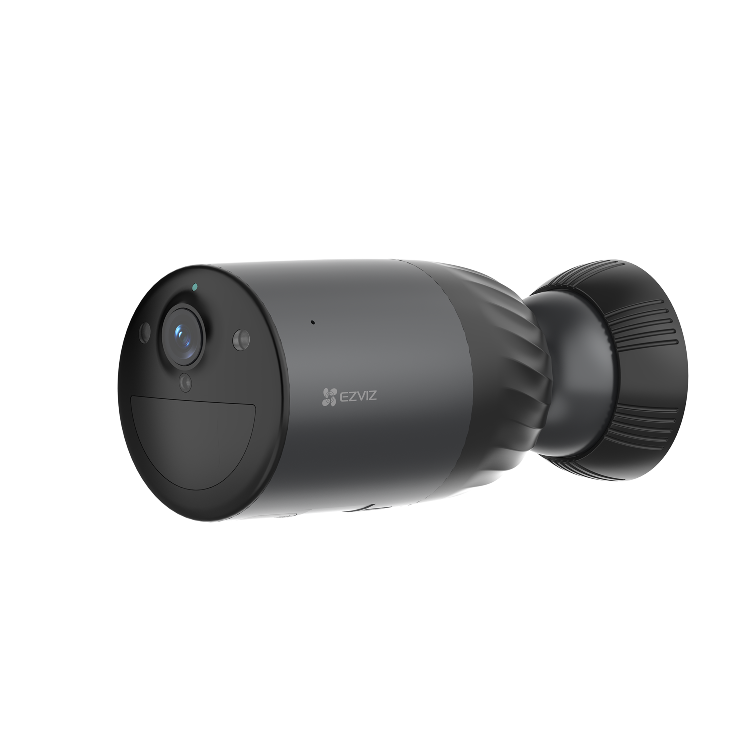 Black security camera with a rounded shape. It has a lens and the Ezviz logo.