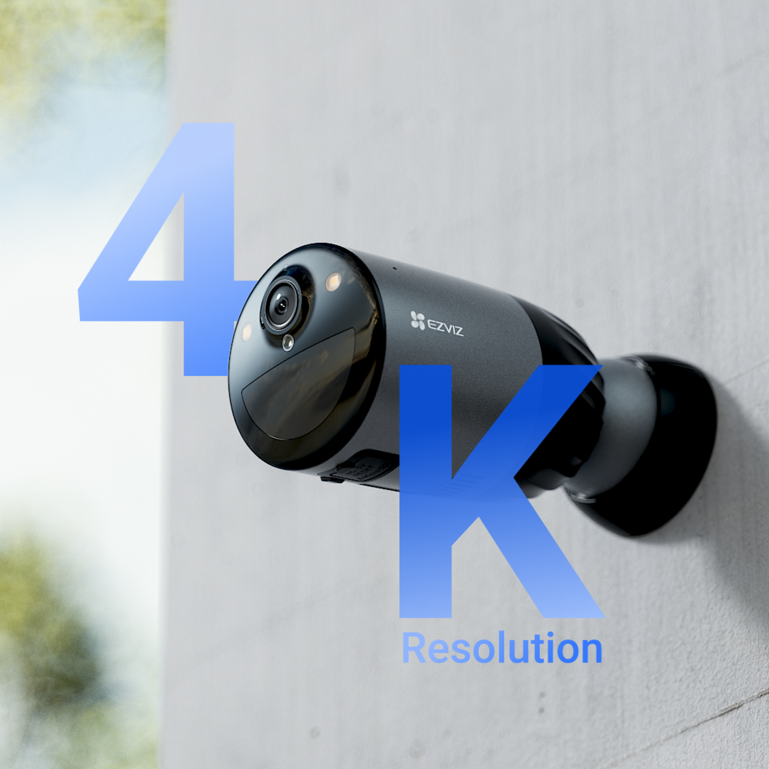 EZVIZ security camera mounted on a wall, with 4K resolution text overlayed.