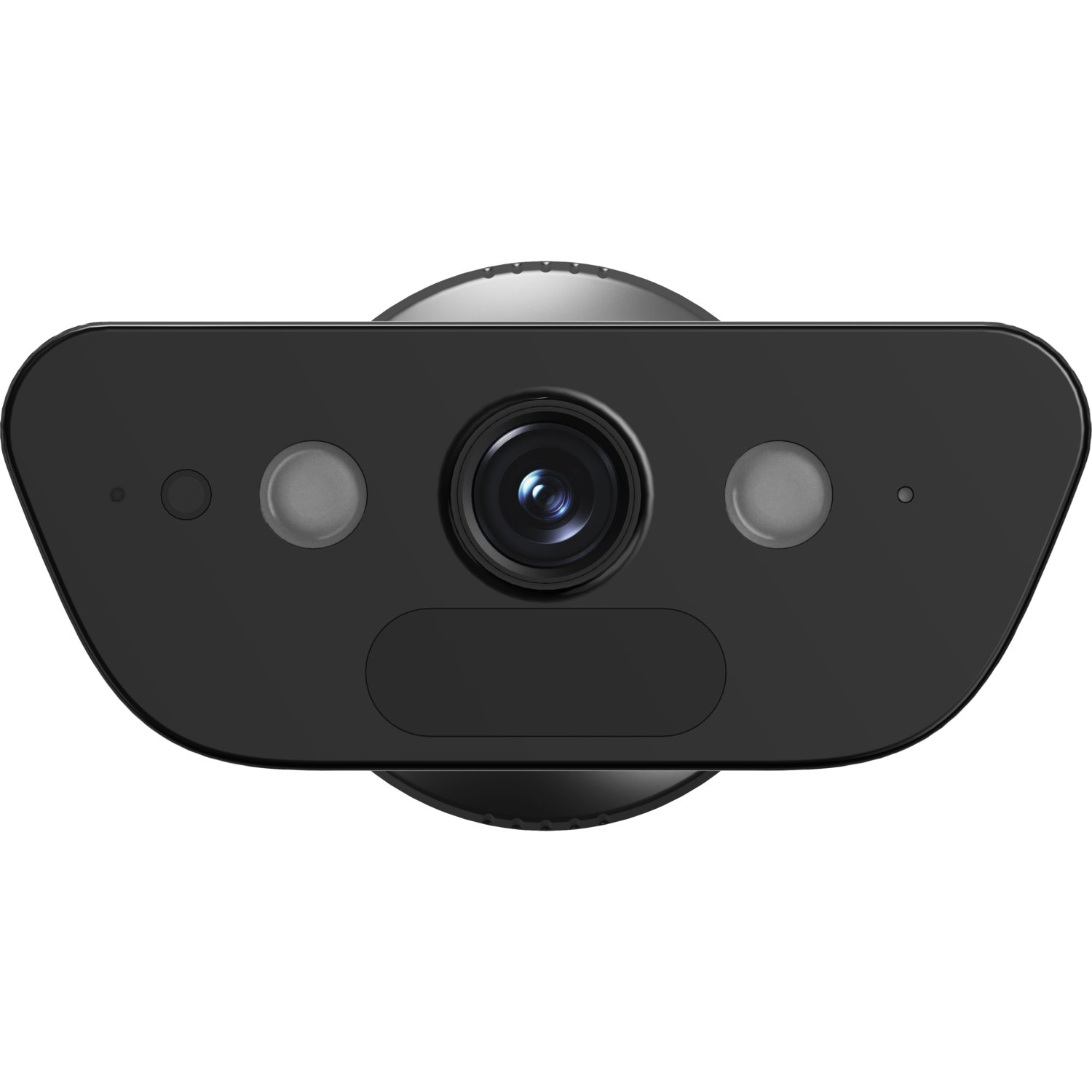 Zwarte webcam met lens, twee sensoren en een knop op zwarte achtergrond.