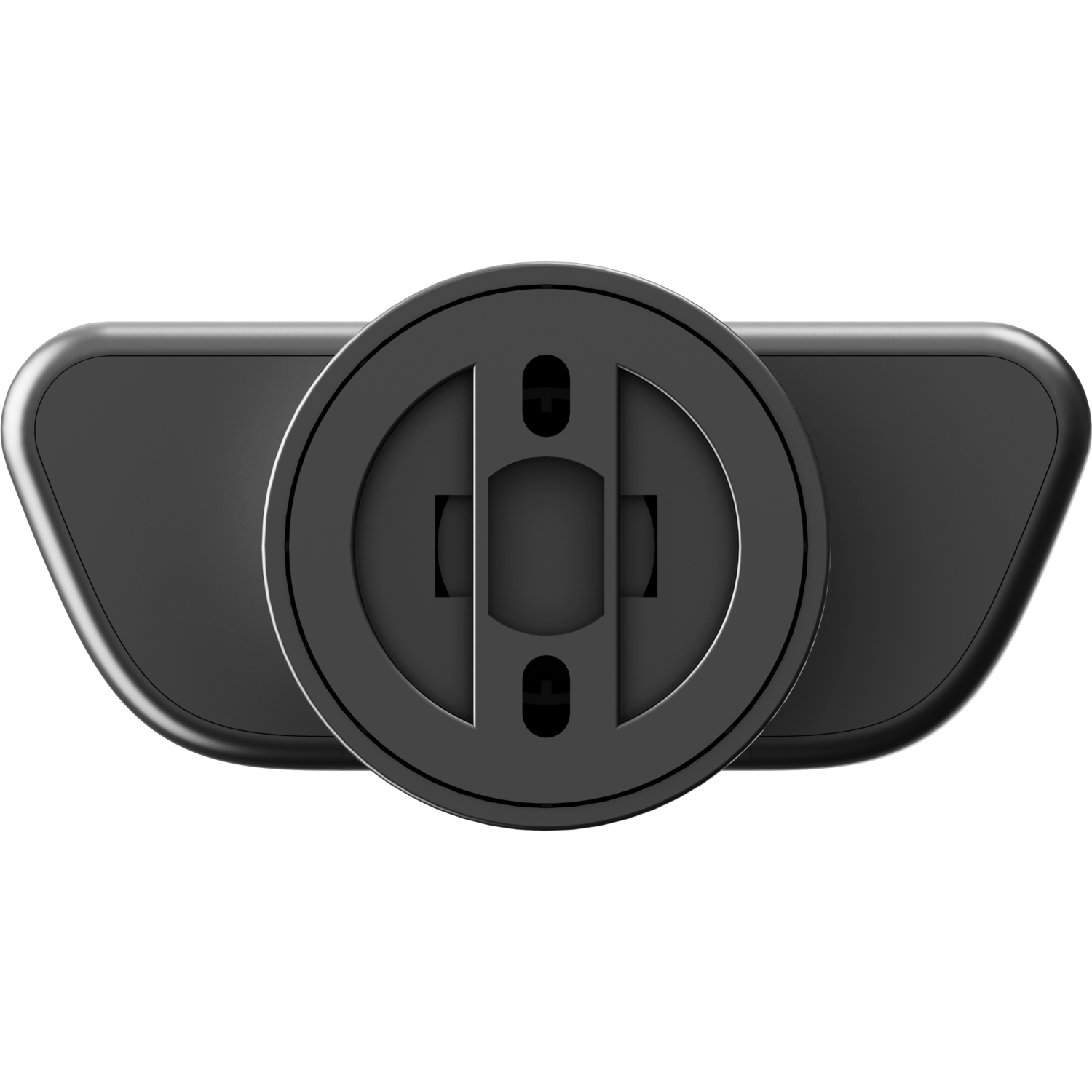 Een zwart, rond object met een cirkelvormig ontwerp en twee uitstekende delen.