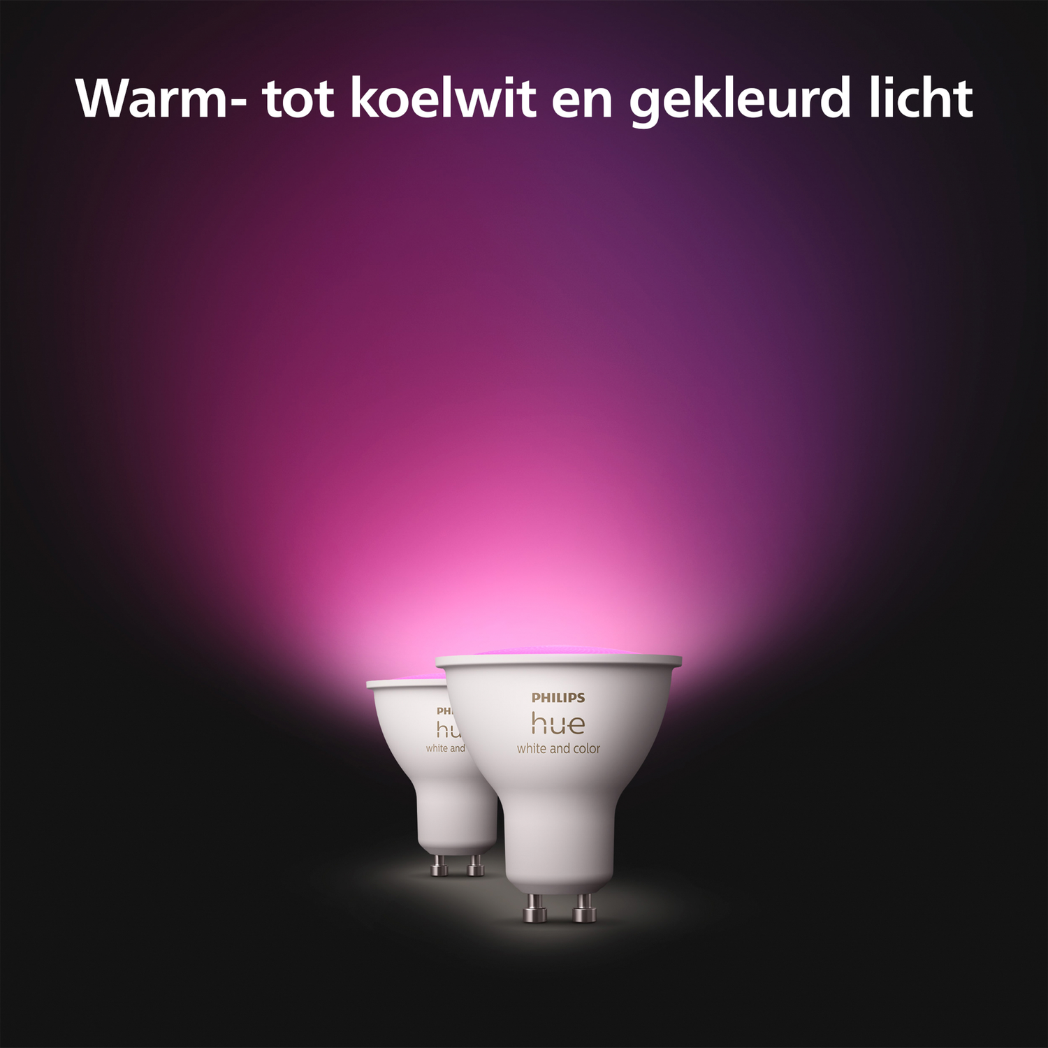 Two white Philips Hue smart bulbs emitting pink and purple light against a black background.
