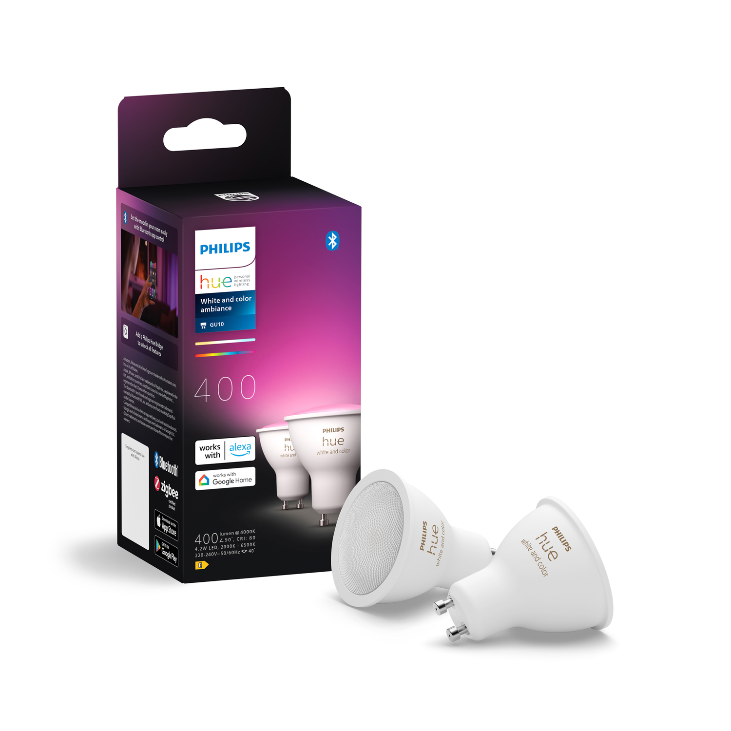 Philips Hue smart light bulbs in package and two bulbs outside. White with silver mesh front.