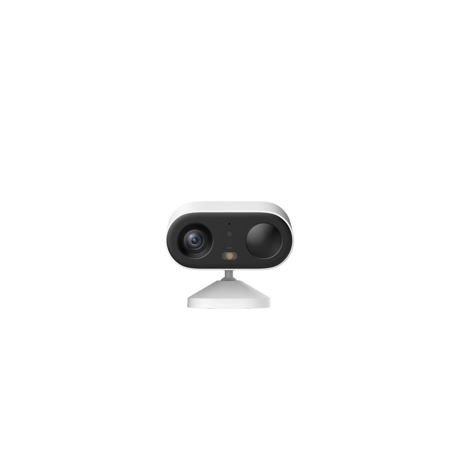 A small white security camera on a stand, with two lenses, in front of a black background.