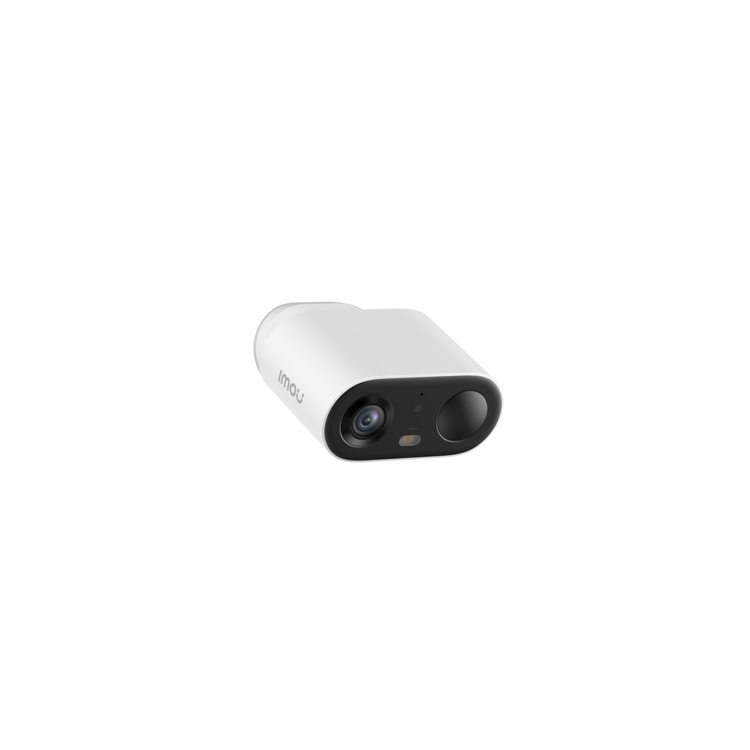 White security camera on a black background. The camera is small and cylindrical with a black lens.