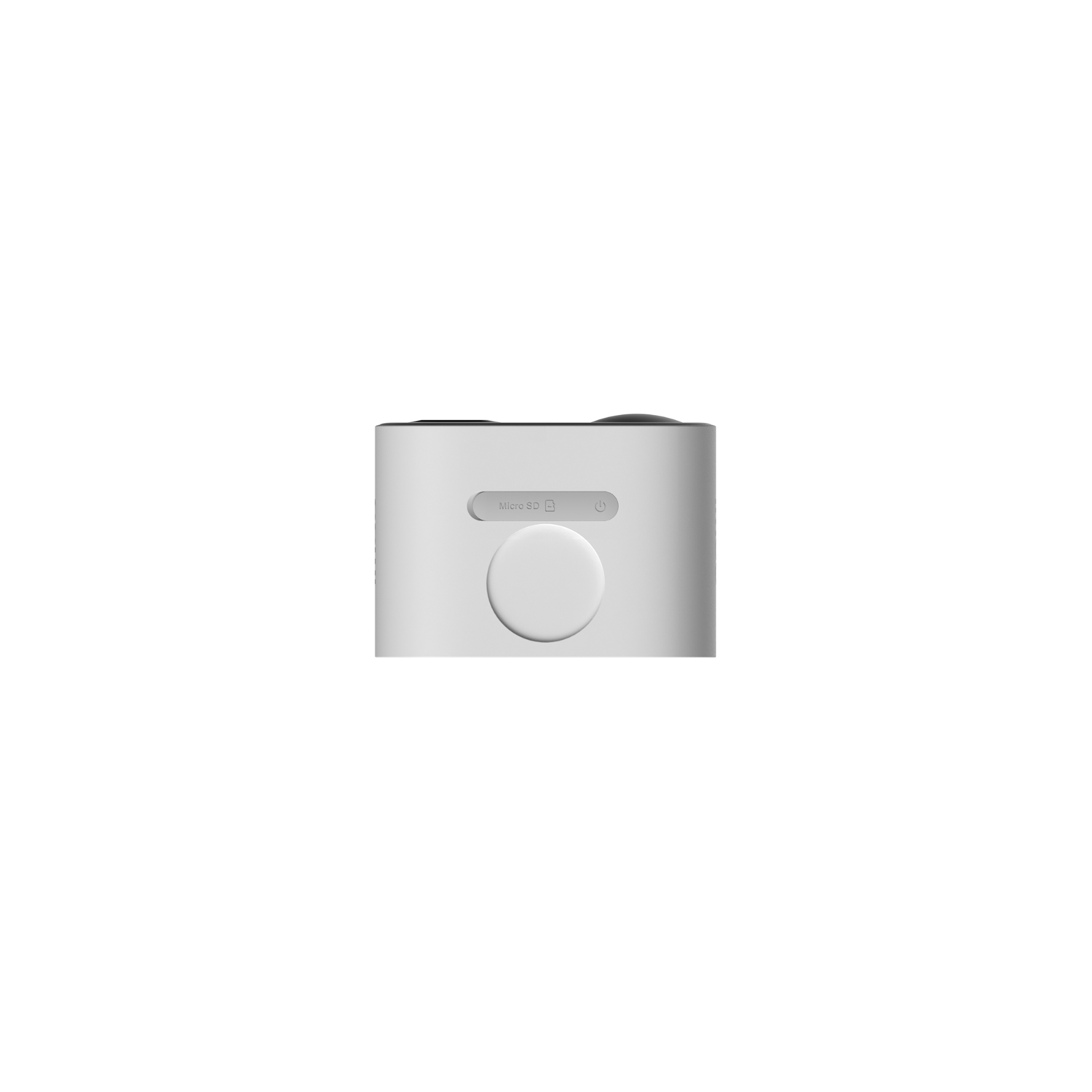 A white device with a button, a Micro SD logo, and a power button, isolated on black.