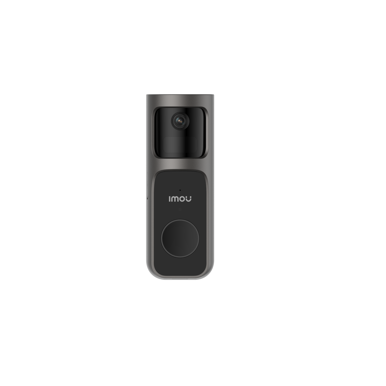 Grijze deurbel met camera en zwarte knop. Het 'imou' logo is zichtbaar.