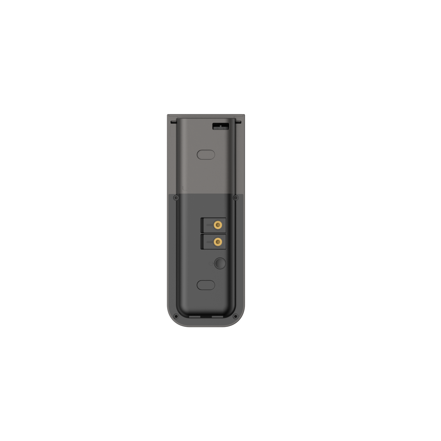 Achteraanzicht van een grijze deurbel. Twee gouden connectoren zijn zichtbaar.
