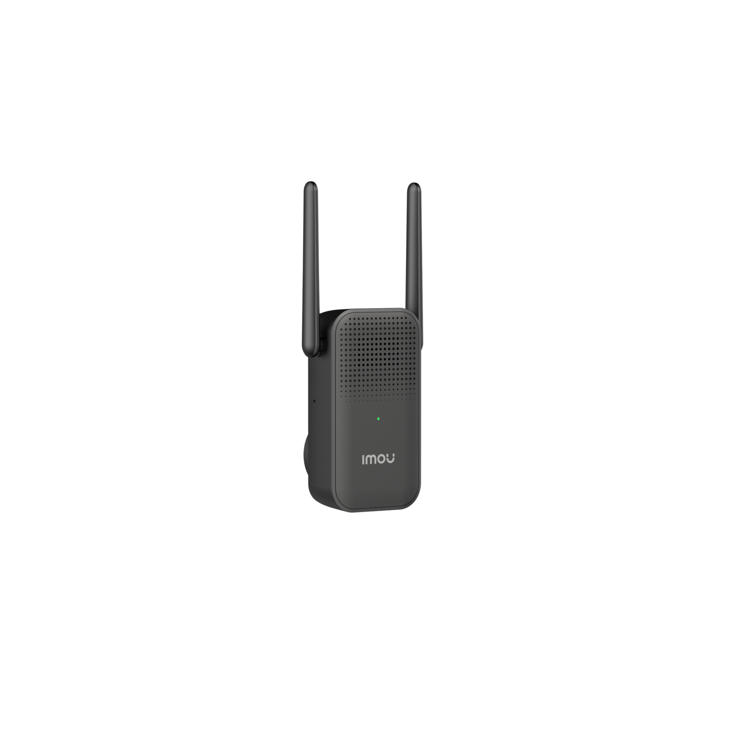 Een zwarte Imou wifi-extender met twee antennes. Het Imou-logo is zichtbaar.