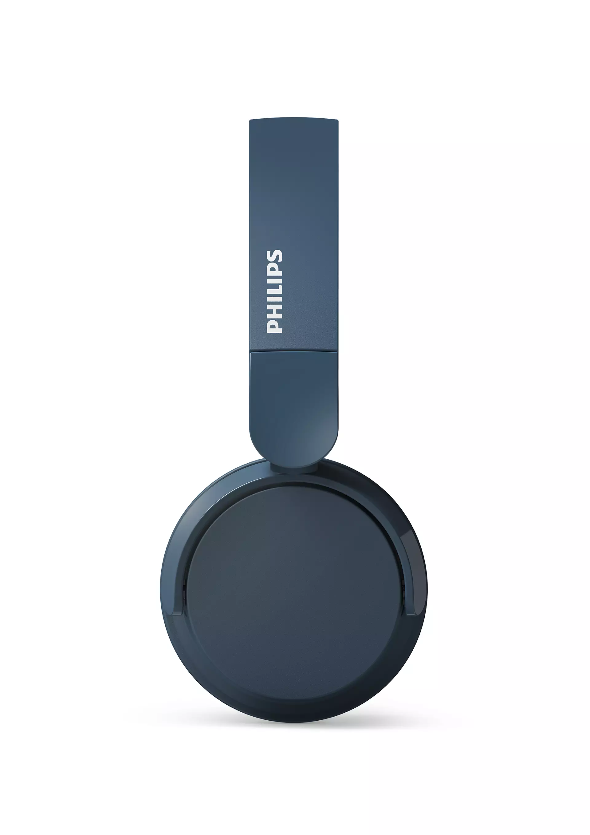 Kafa bandında 'PHILIPS' yazan koyu mavi bir kulaklık. Kulaklıklar daireseldir.