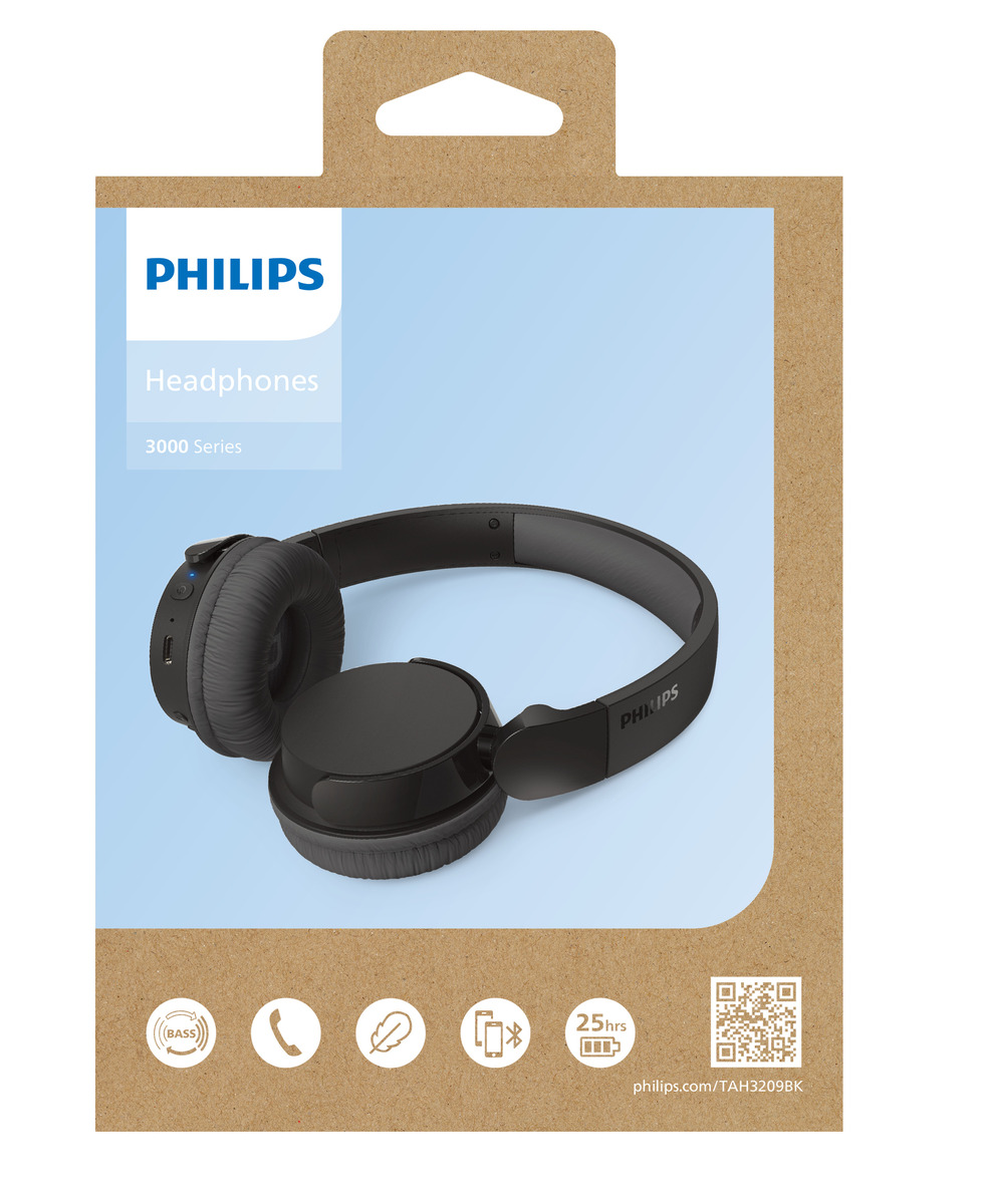 İçinde siyah bir kulaklık bulunan bir Philips kulaklık ambalajı, beyaz bir arka plan üzerinde.