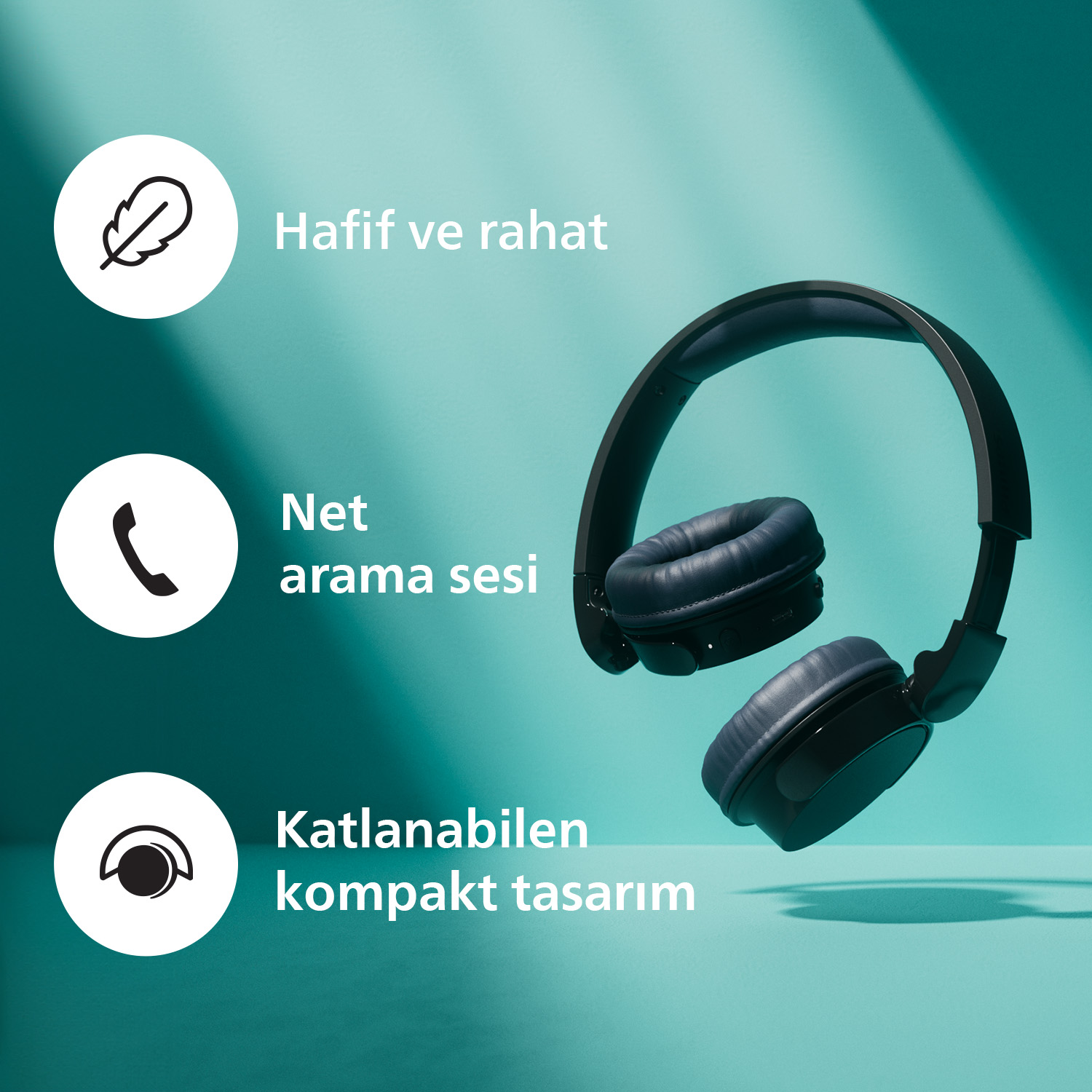 Turkuaz bir arka plan üzerinde üç simge ve metin içeren koyu mavi kulaklıklar.