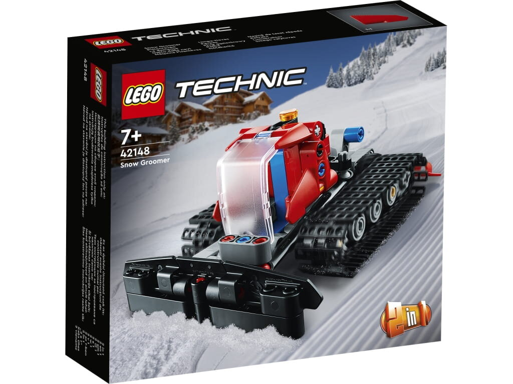 Pudełko Lego Technic Snow Groomer, czerwone i białe, z ratrakiem w środku.