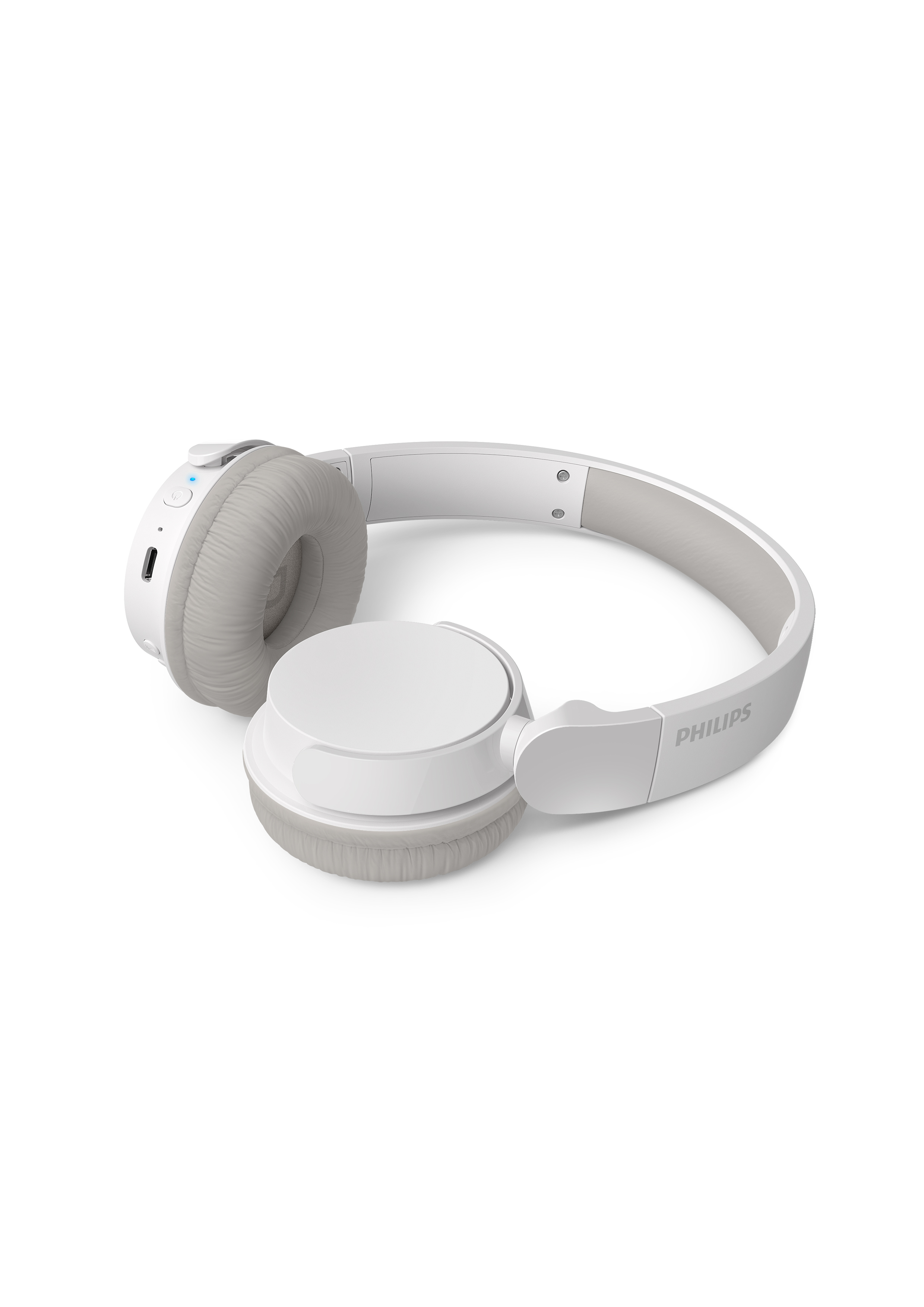 Beyaz arka planda beyaz ve gri kulaklıklar, Philips markası, açılı görünüm.