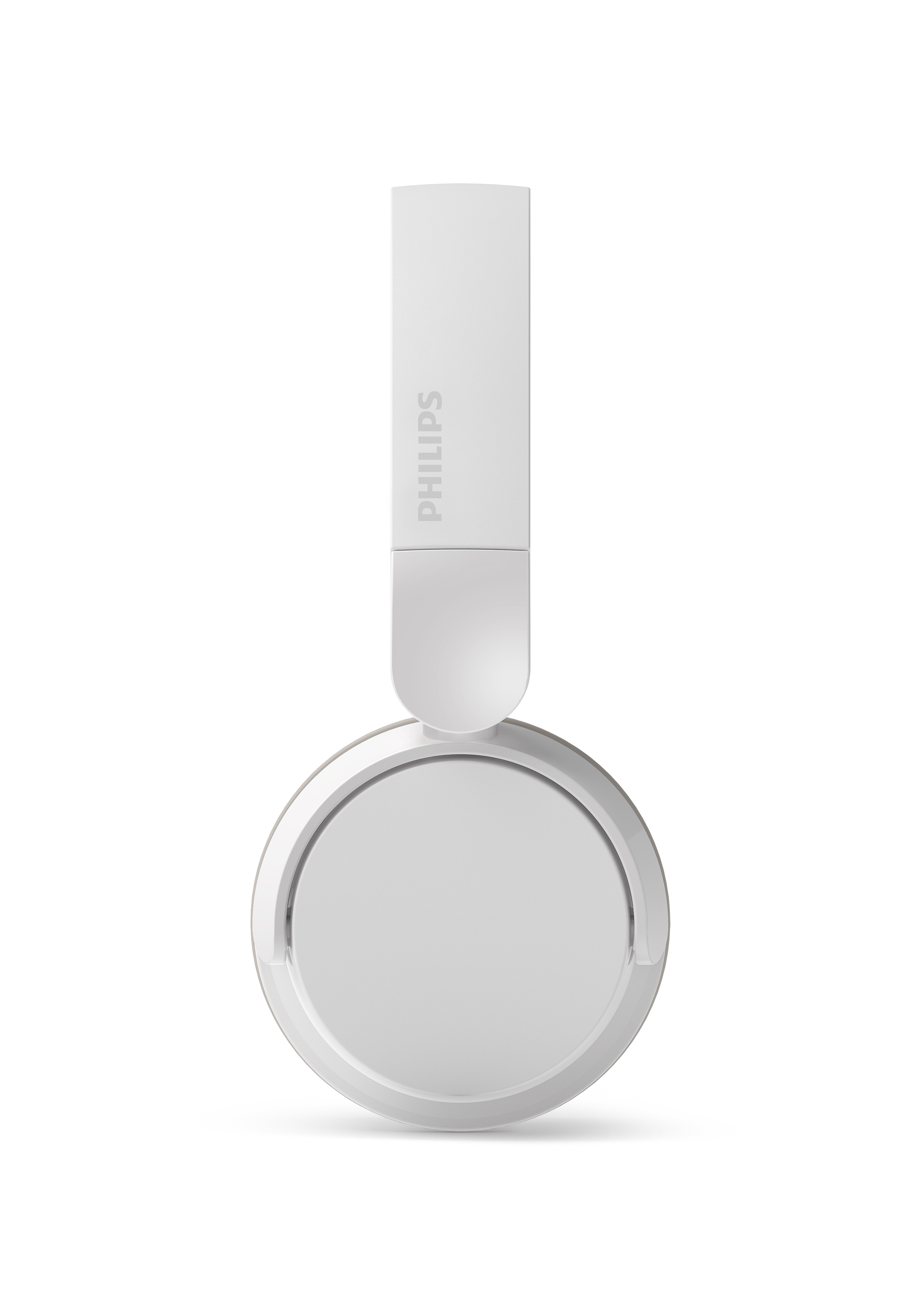 Beyaz Philips kulaklık, üstten görünüm, Philips yazılı bant, dairesel kulaklık.