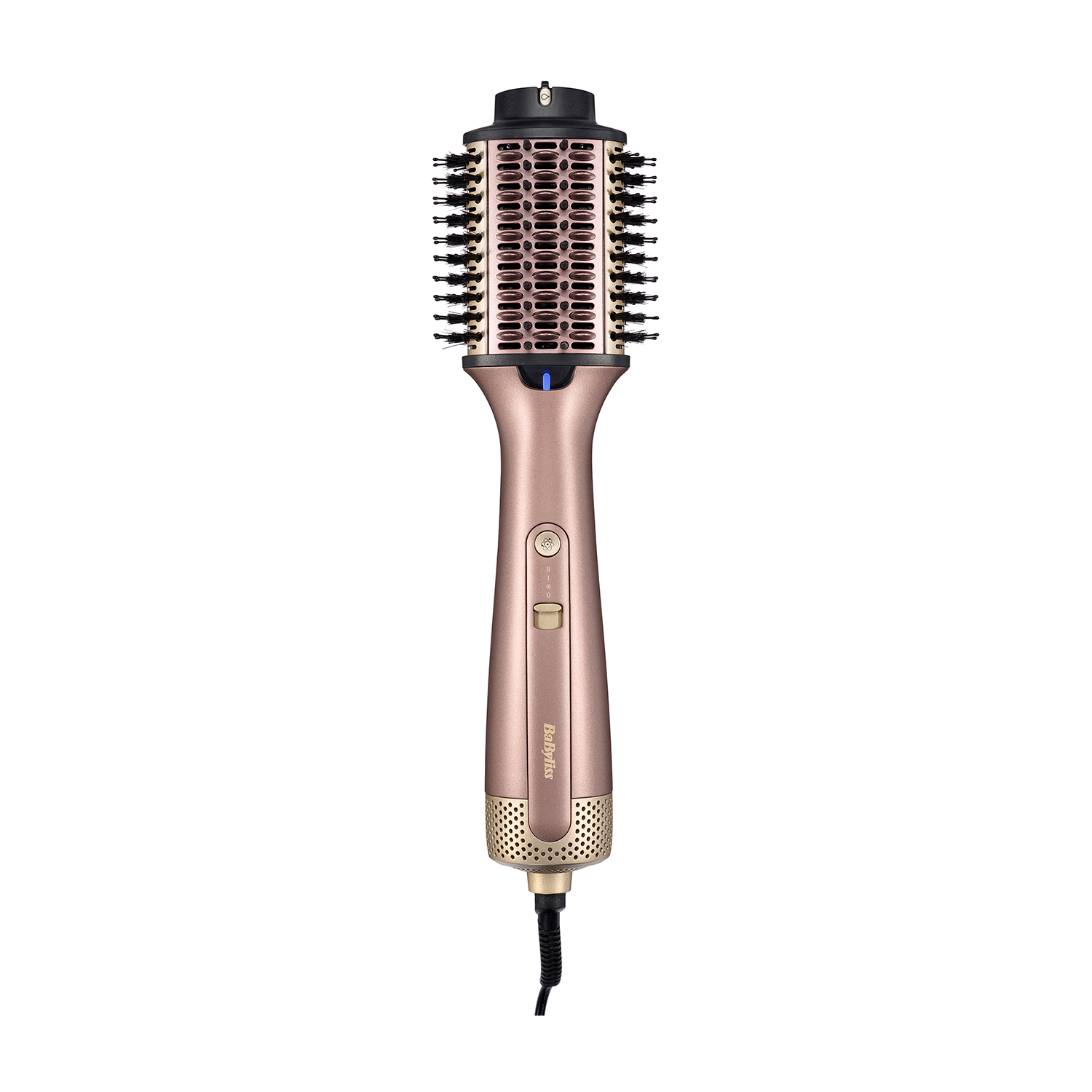 Spazzola per lo styling dei capelli color oro rosa. Manico e testina. Sfondo bianco.