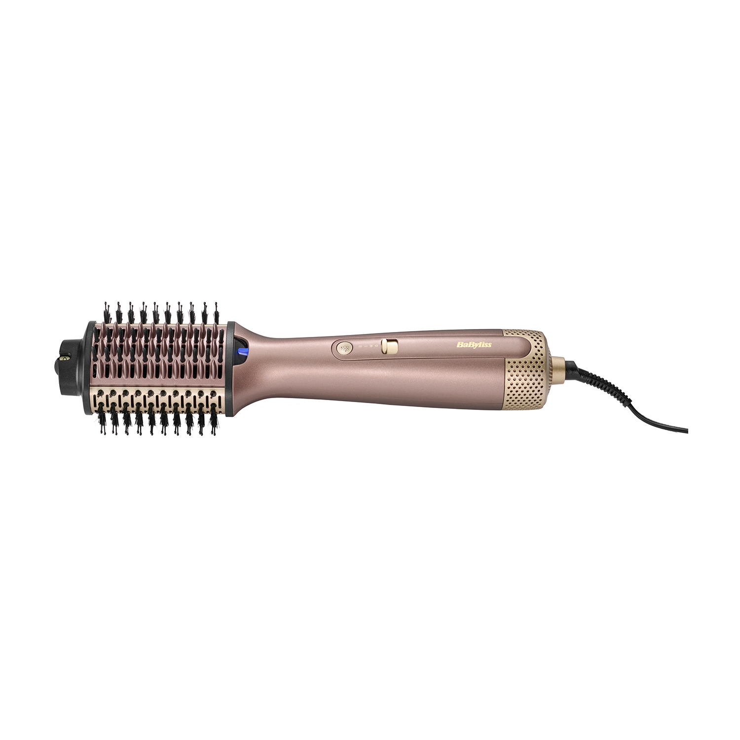 Spazzola per lo styling dei capelli, rosa e oro, angolata verso destra. La spazzola è su sfondo bianco.