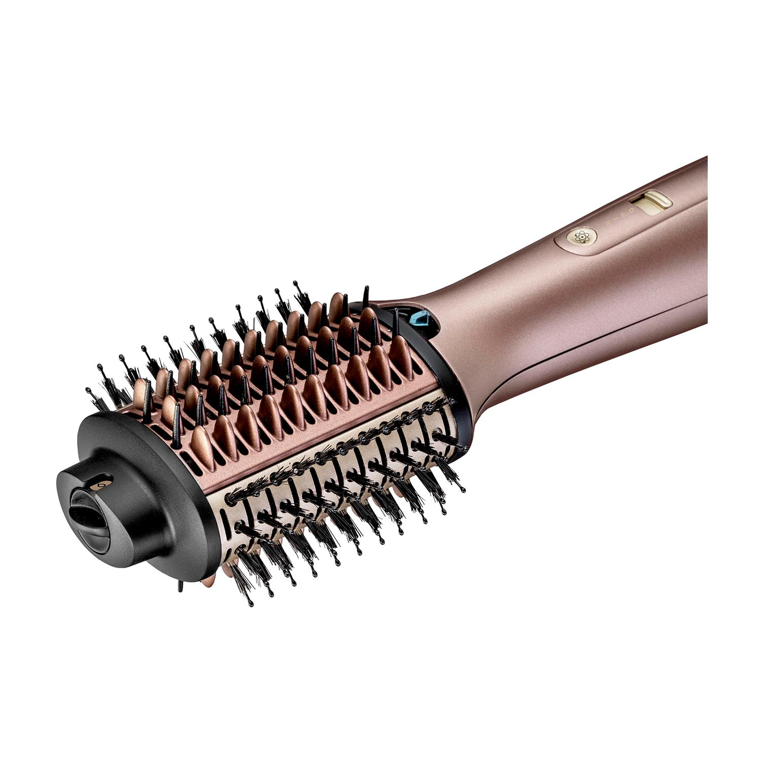 Una spazzola per lo styling dei capelli con un corpo in oro rosa e setole nere.