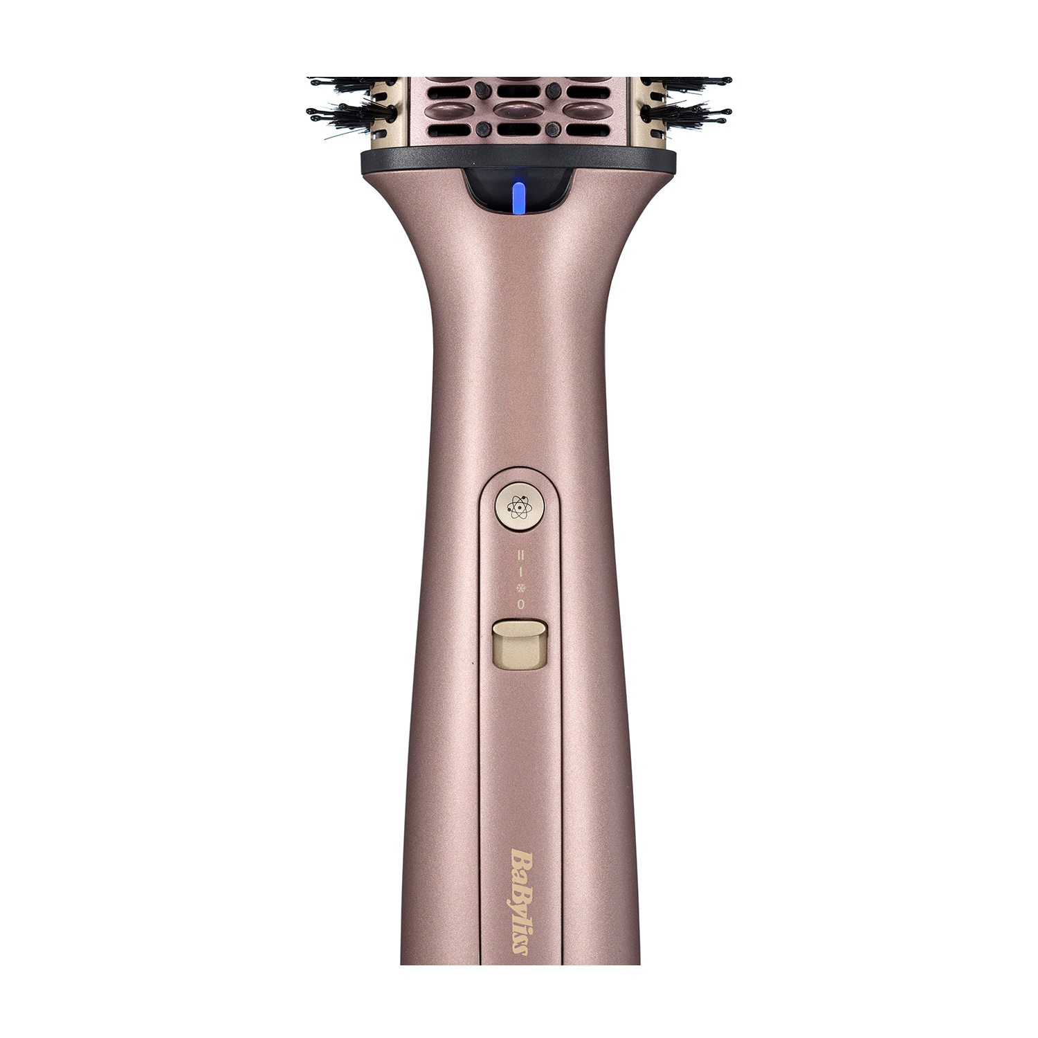 Primo piano di una spazzola per capelli color oro rosa con bottoni.
