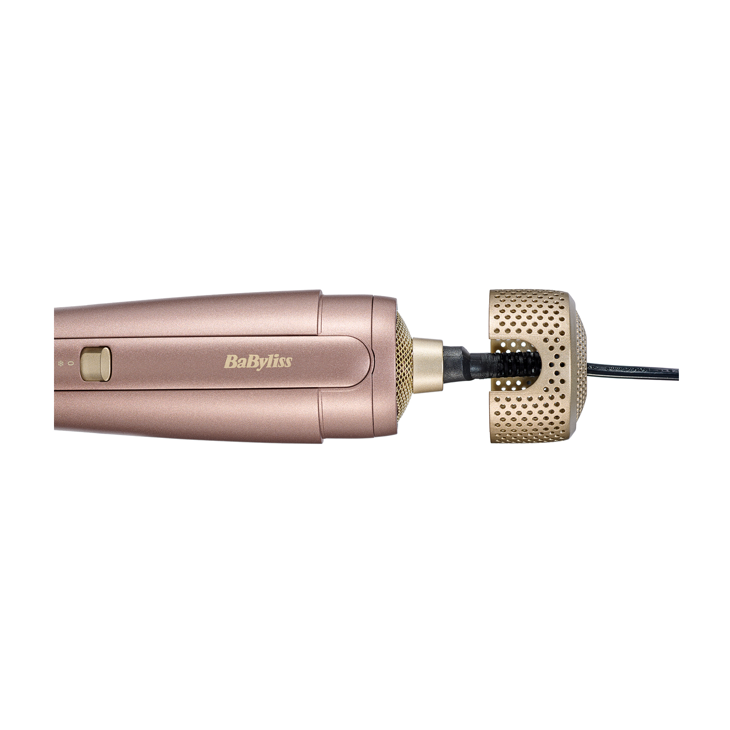 Un arricciacapelli oro rosa con accessorio a spazzola. Lo styler è oro con accessorio a spazzola nera.
