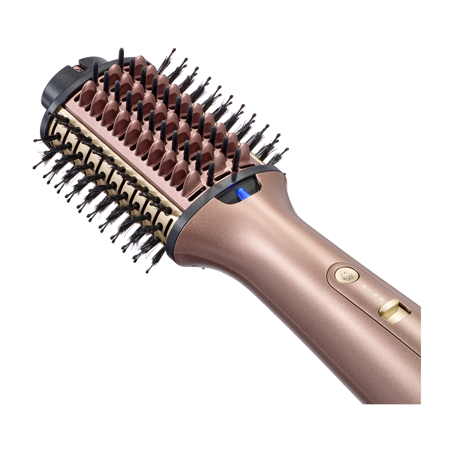 Una spazzola per lo styling dei capelli color oro rosa con più setole e un quadrante di controllo.