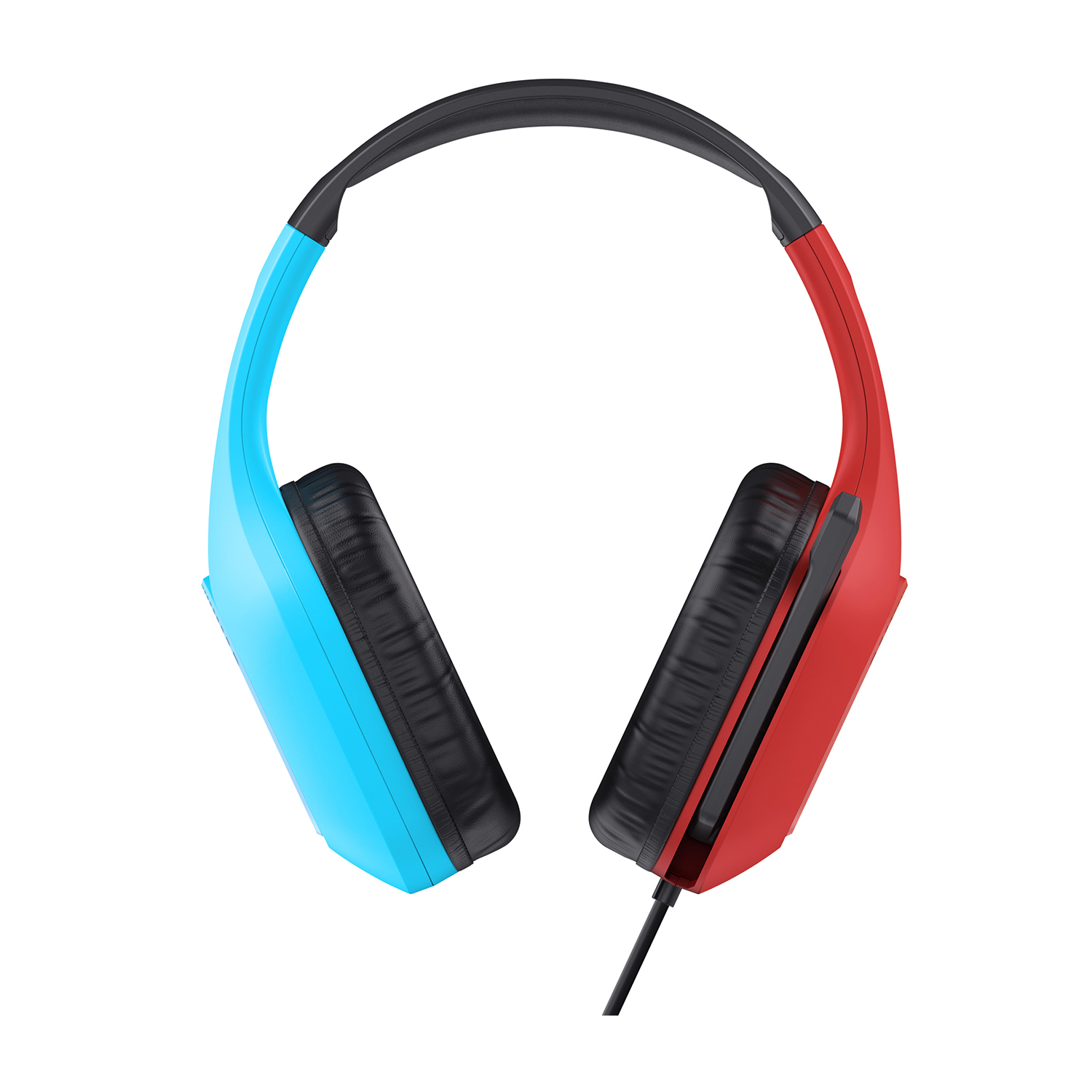 Cuffie con un padiglione auricolare sinistro blu e un padiglione auricolare destro rosso. Fascia e cuscinetti neri.