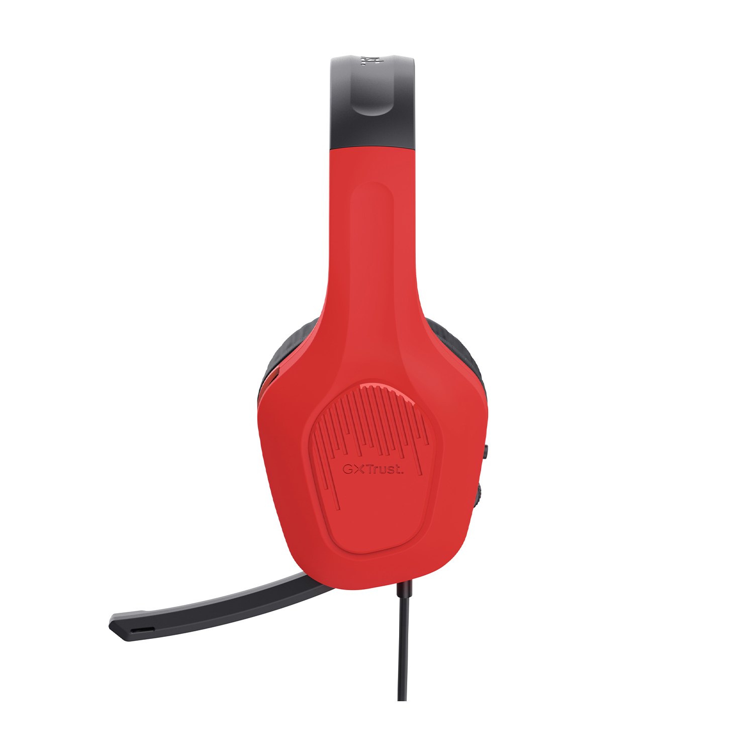 Cuffie da gioco rosse con microfono nero su sfondo bianco. Logo GXTrust.