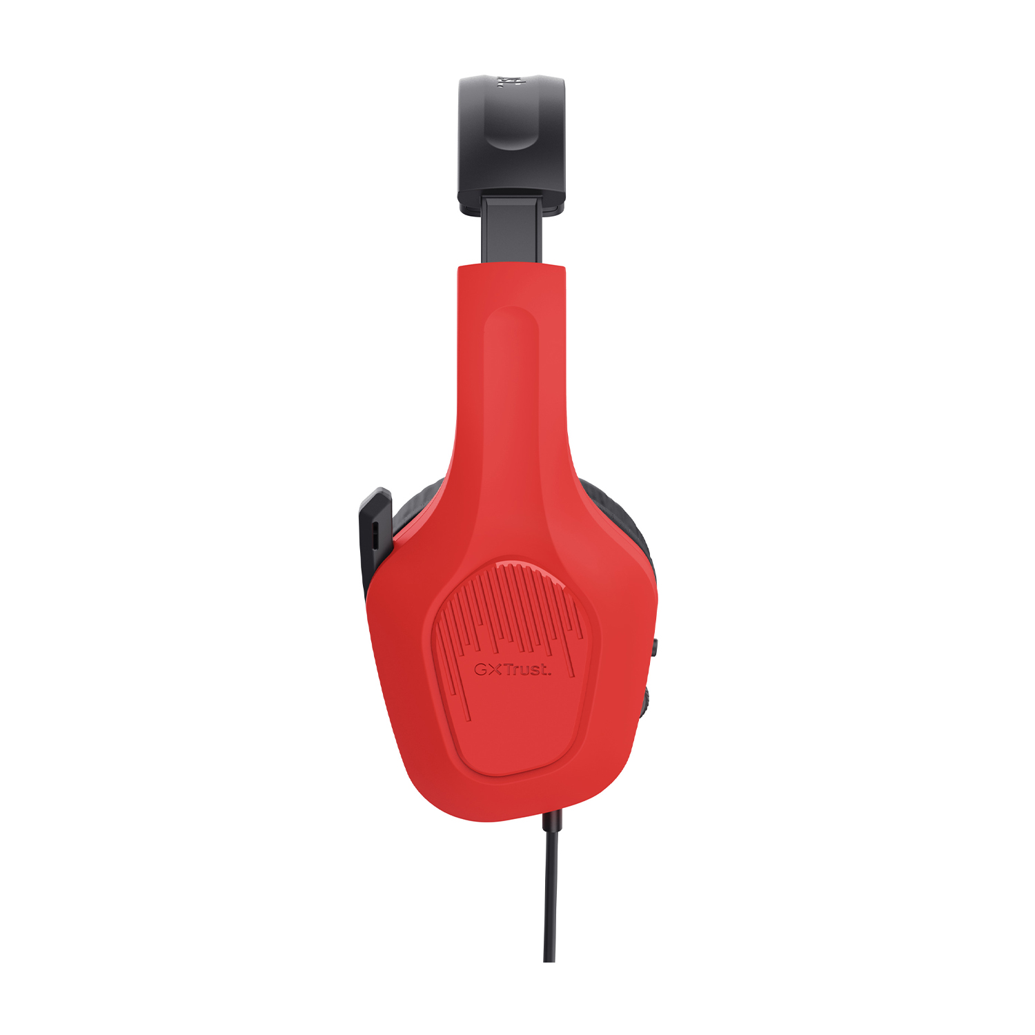 Cuffie rosse, vista laterale, con fascia regolabile e filo neri.