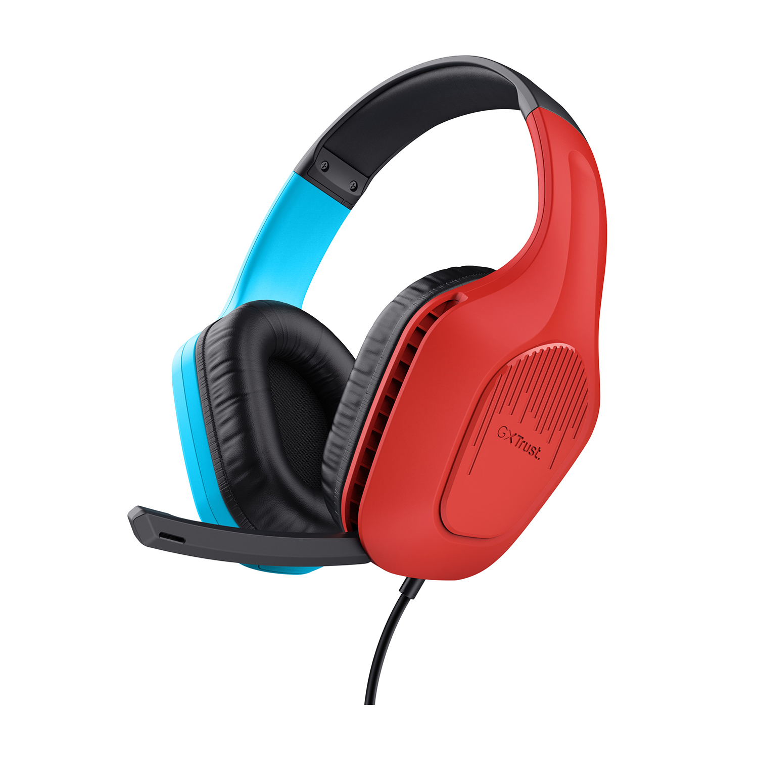 Cuffie da gioco rosse e blu con microfono nero. Testo Trust visibile.